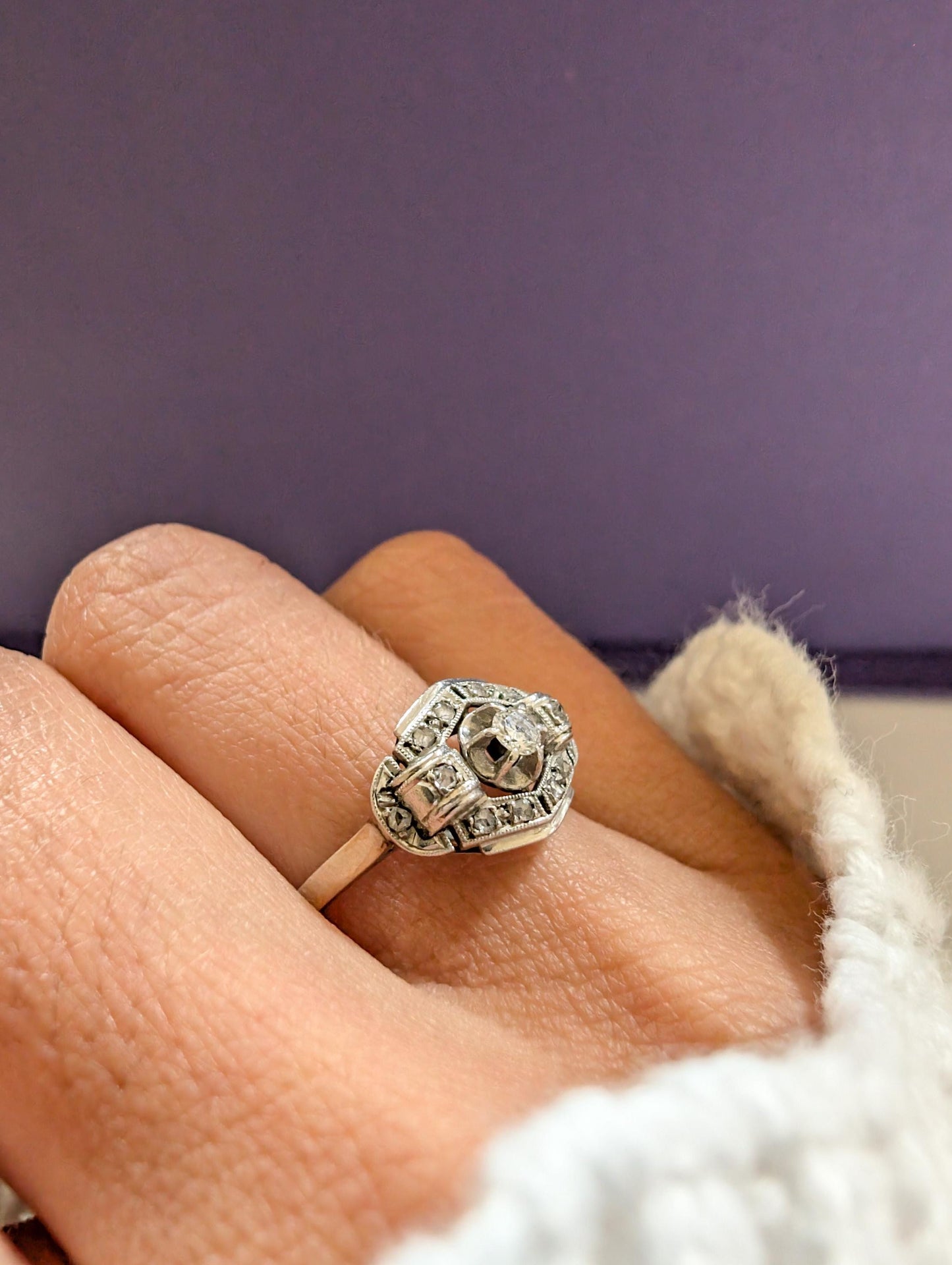 Art Deco Diamond Engagement Ring: 18K Gold & Platinum, French Antique Ring