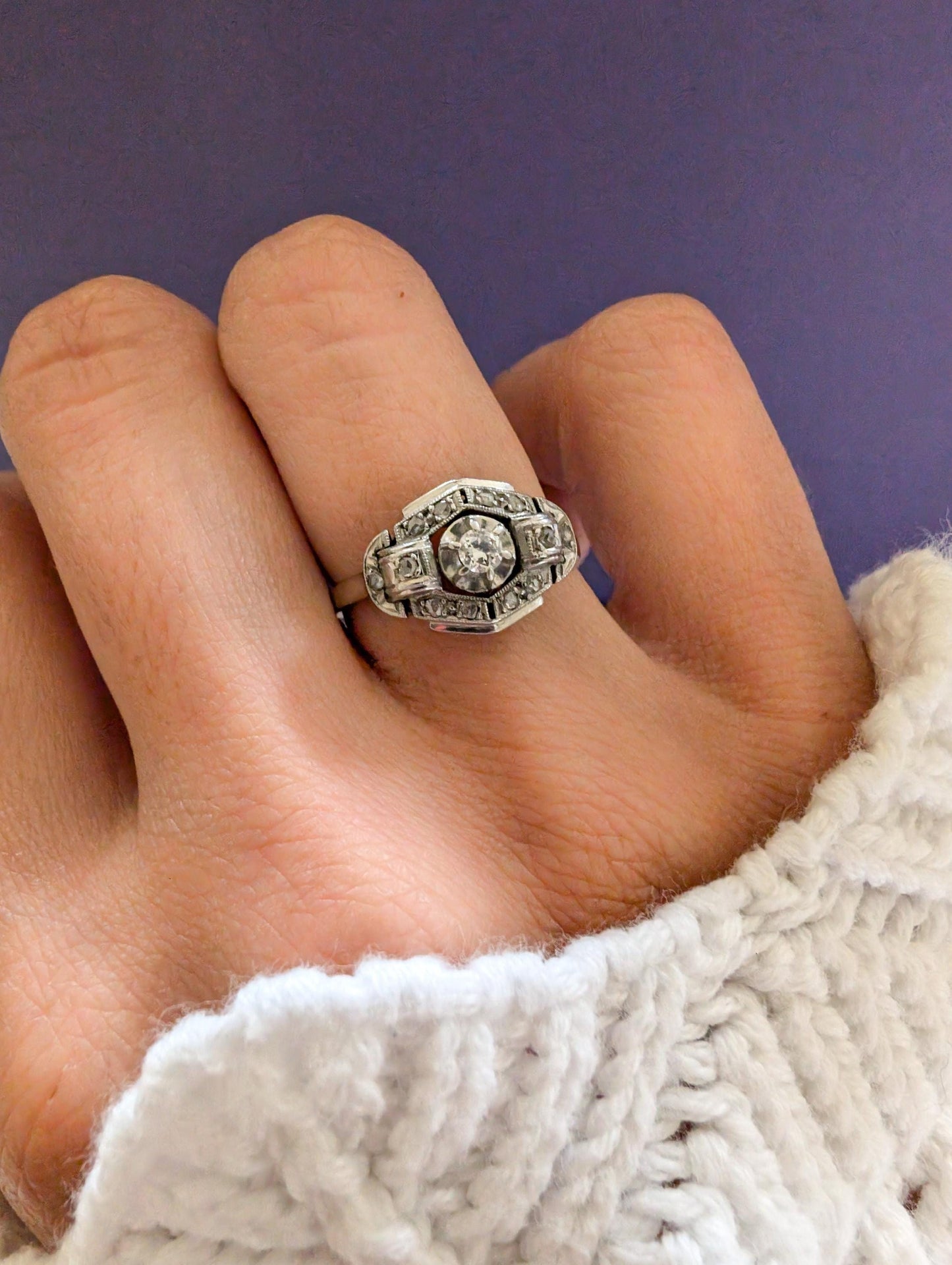 Art Deco Diamond Engagement Ring: 18K Gold & Platinum, French Antique Ring