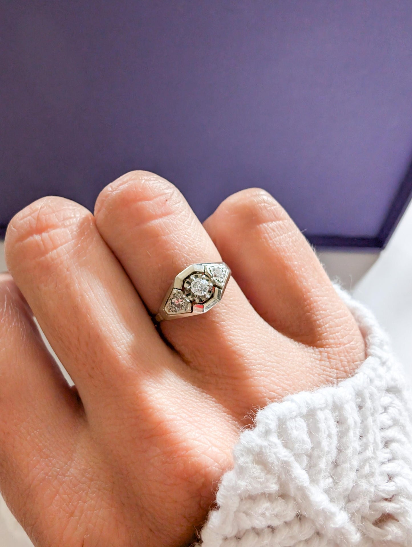 Antique 18K White Gold Diamond Ring: French Art Deco Engagement Ring