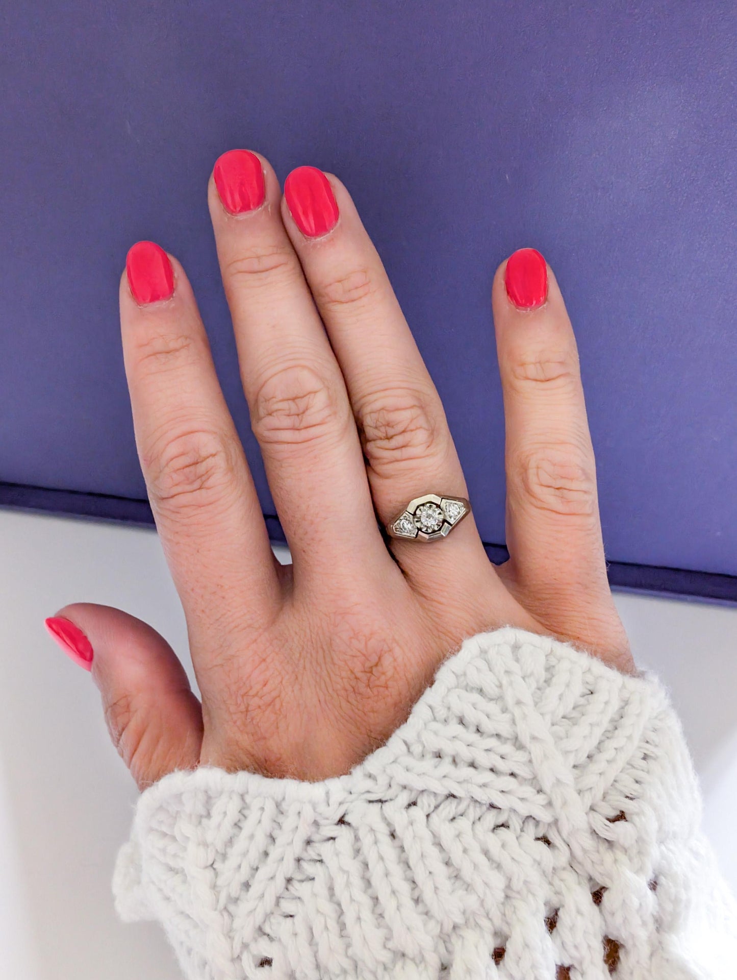 Antique 18K White Gold Diamond Ring: French Art Deco Engagement Ring