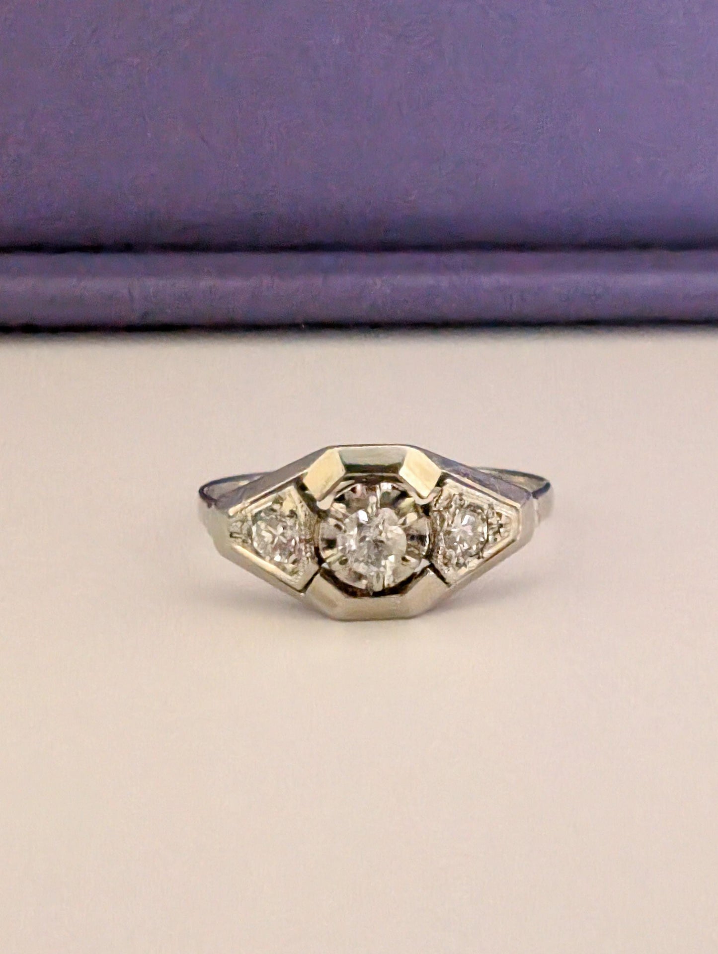 Antique 18K White Gold Diamond Ring: French Art Deco Engagement Ring