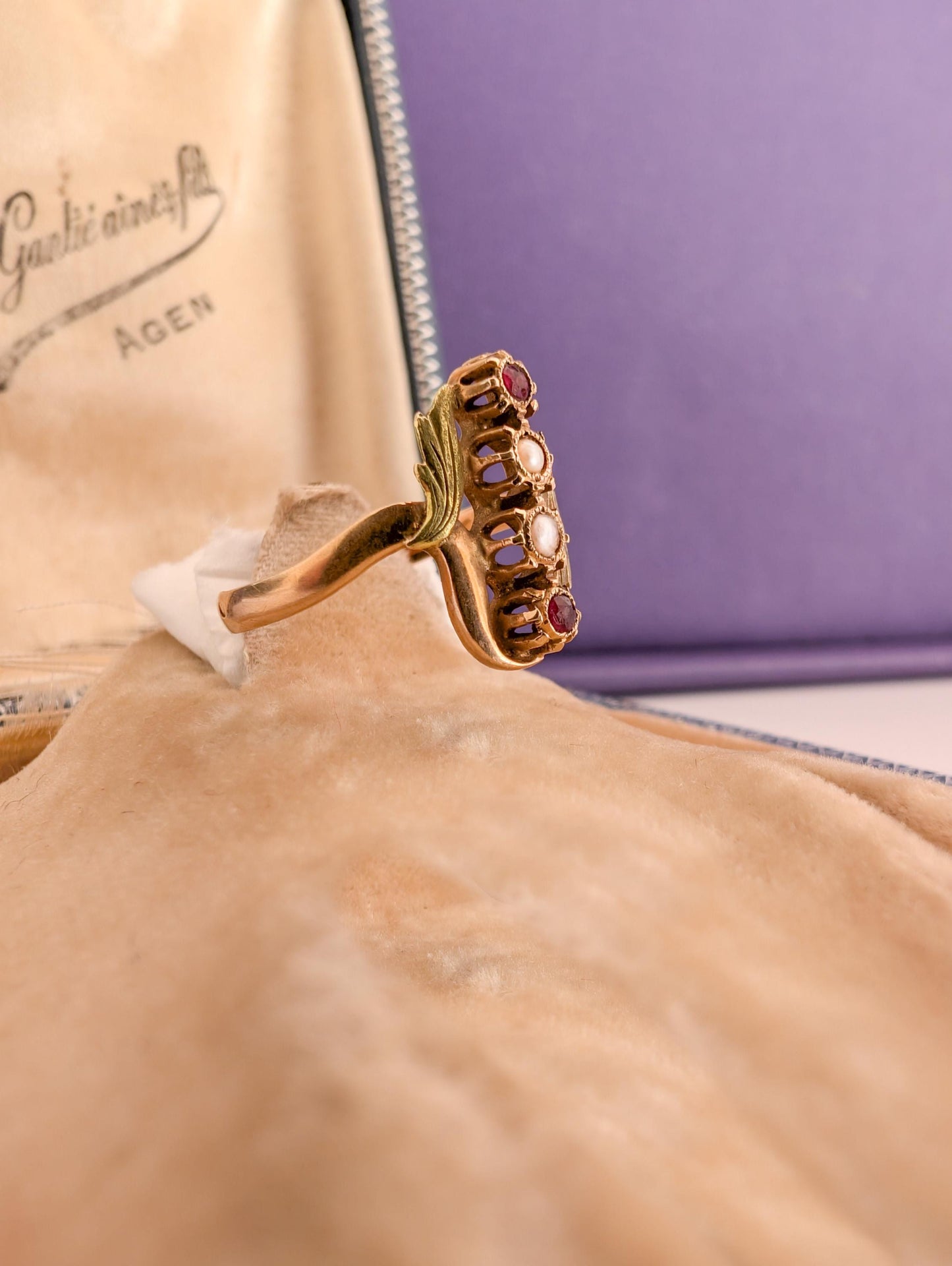 Antique 18K Gold Art Nouveau Ring: Garnet & Pearl French Ring