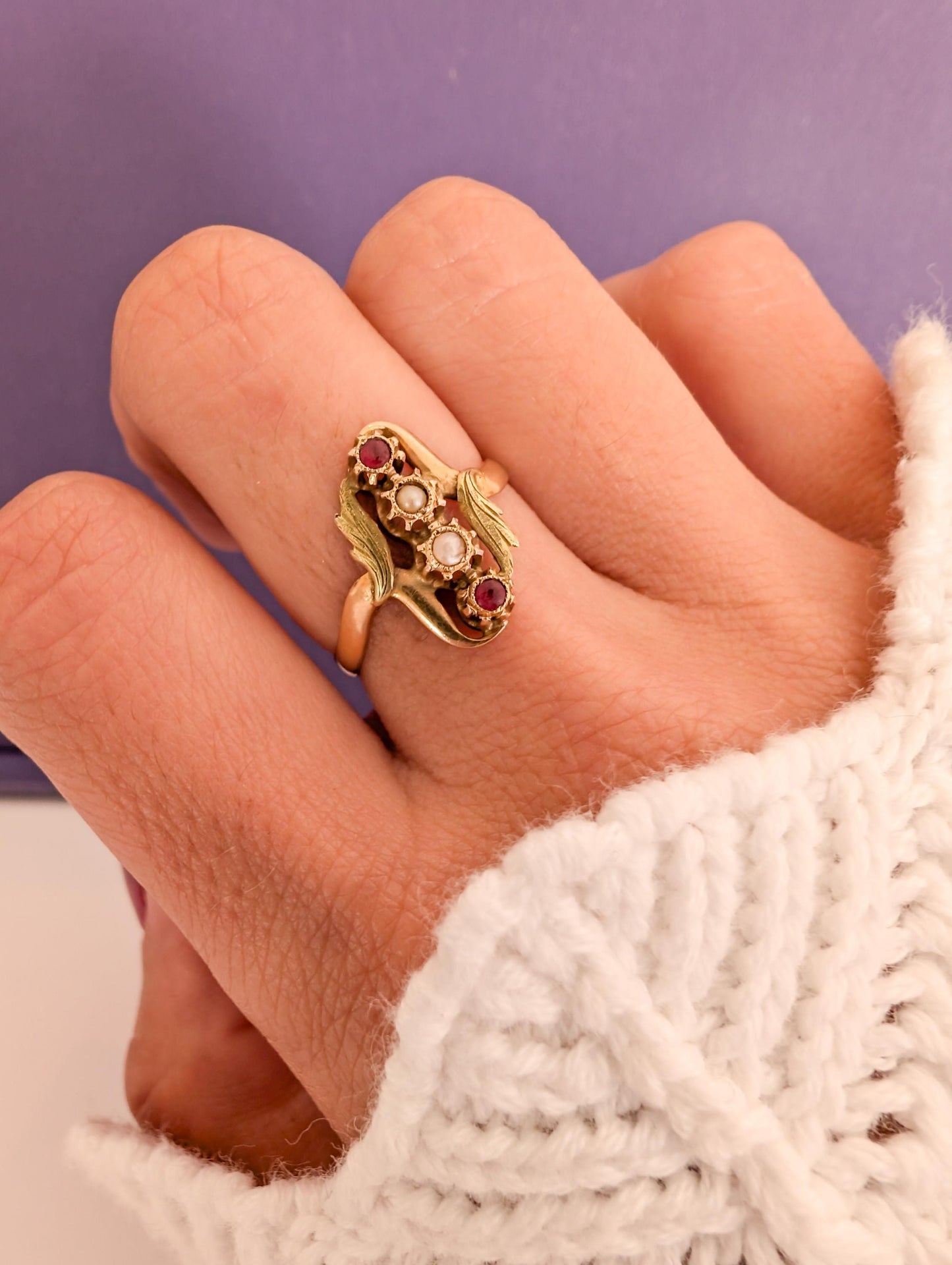 Antique 18K Gold Art Nouveau Ring: Garnet & Pearl French Ring