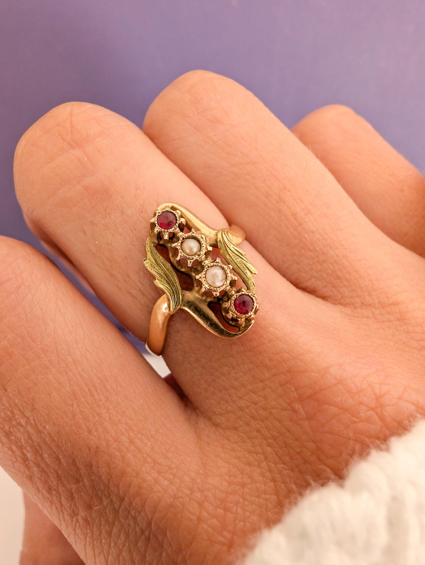Antique 18K Gold Art Nouveau Ring: Garnet & Pearl French Ring