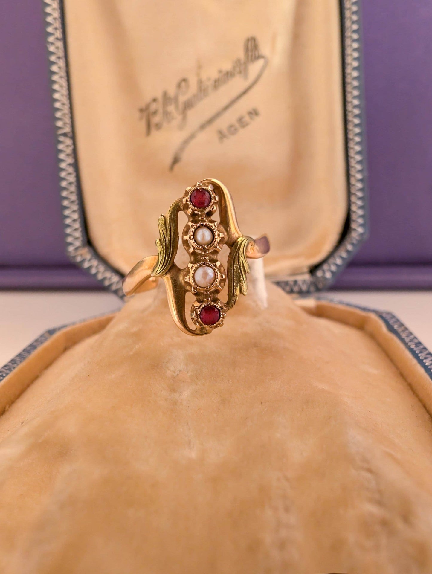 Antique 18K Gold Art Nouveau Ring: Garnet & Pearl French Ring