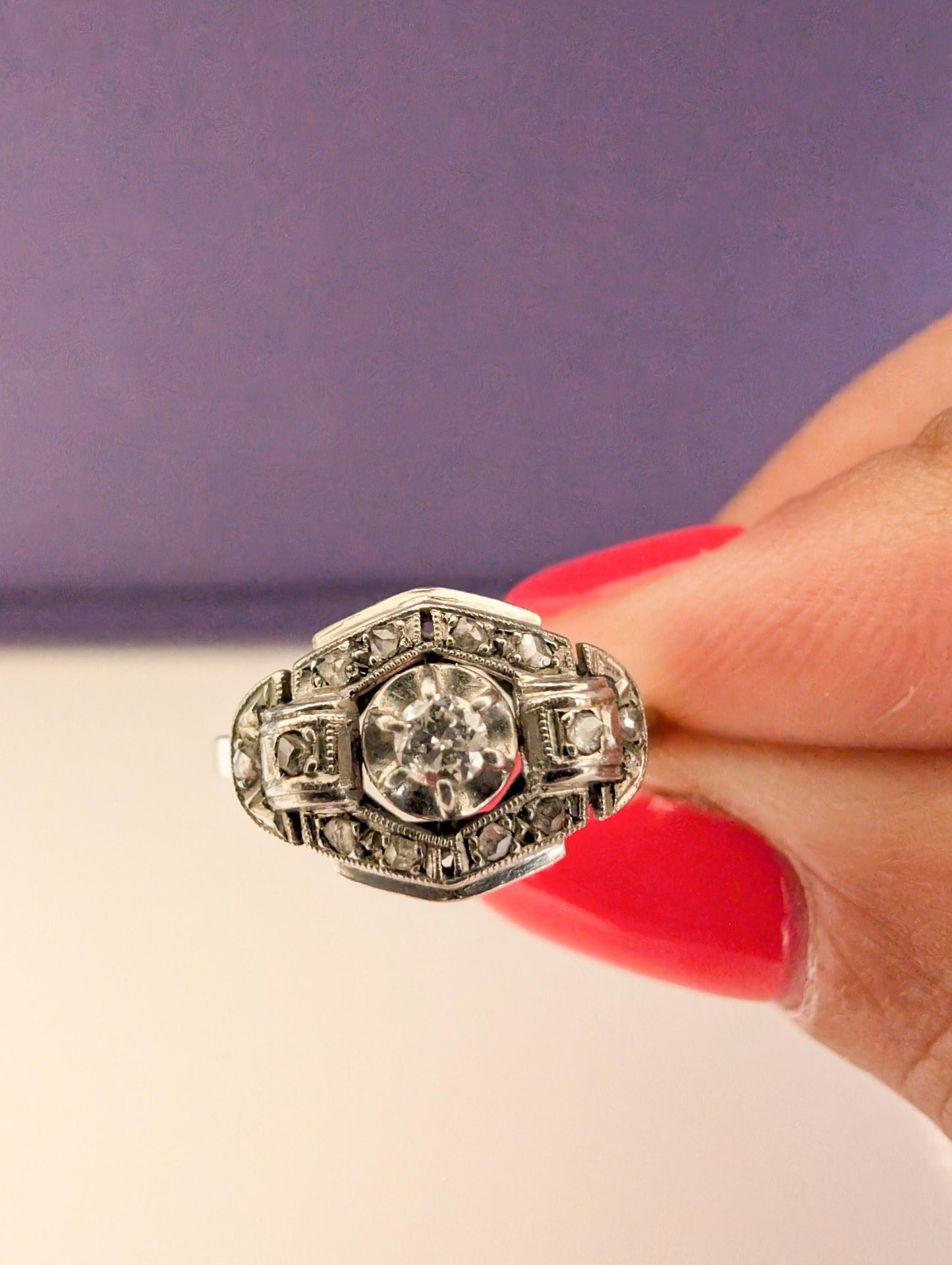 Art Deco Diamond Engagement Ring: 18K Gold & Platinum, French Antique Ring