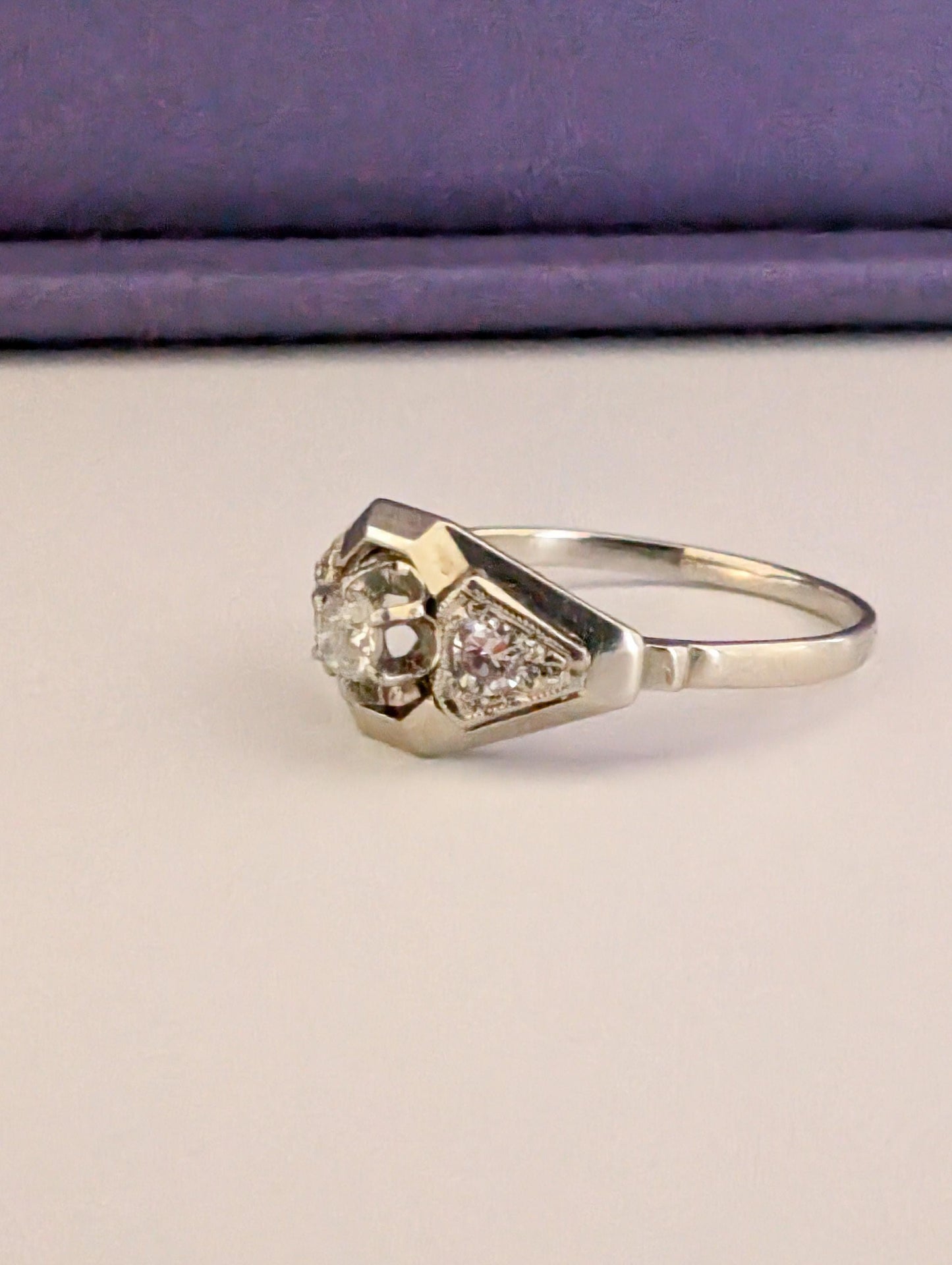 Antique 18K White Gold Diamond Ring: French Art Deco Engagement Ring
