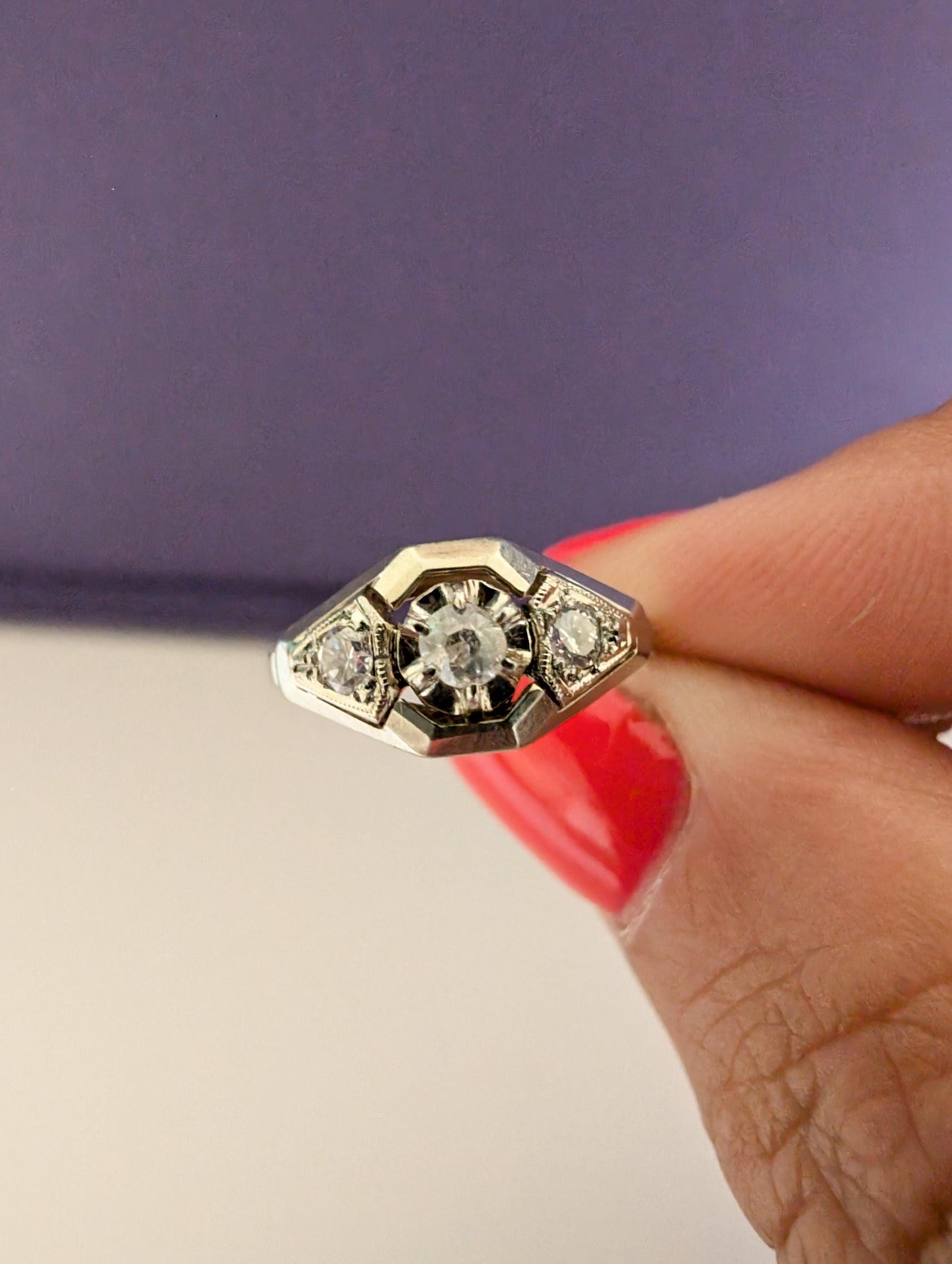 Antique 18K White Gold Diamond Ring: French Art Deco Engagement Ring