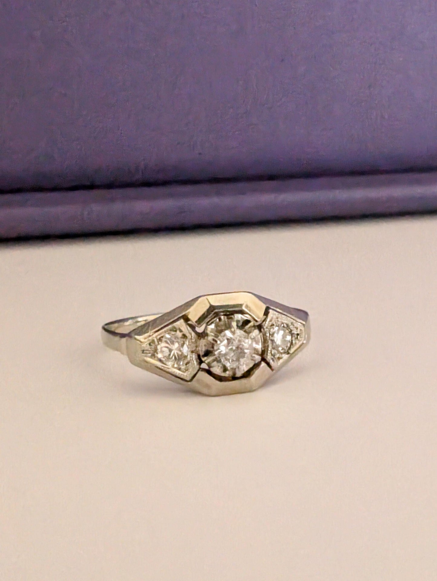 Antique 18K White Gold Diamond Ring: French Art Deco Engagement Ring