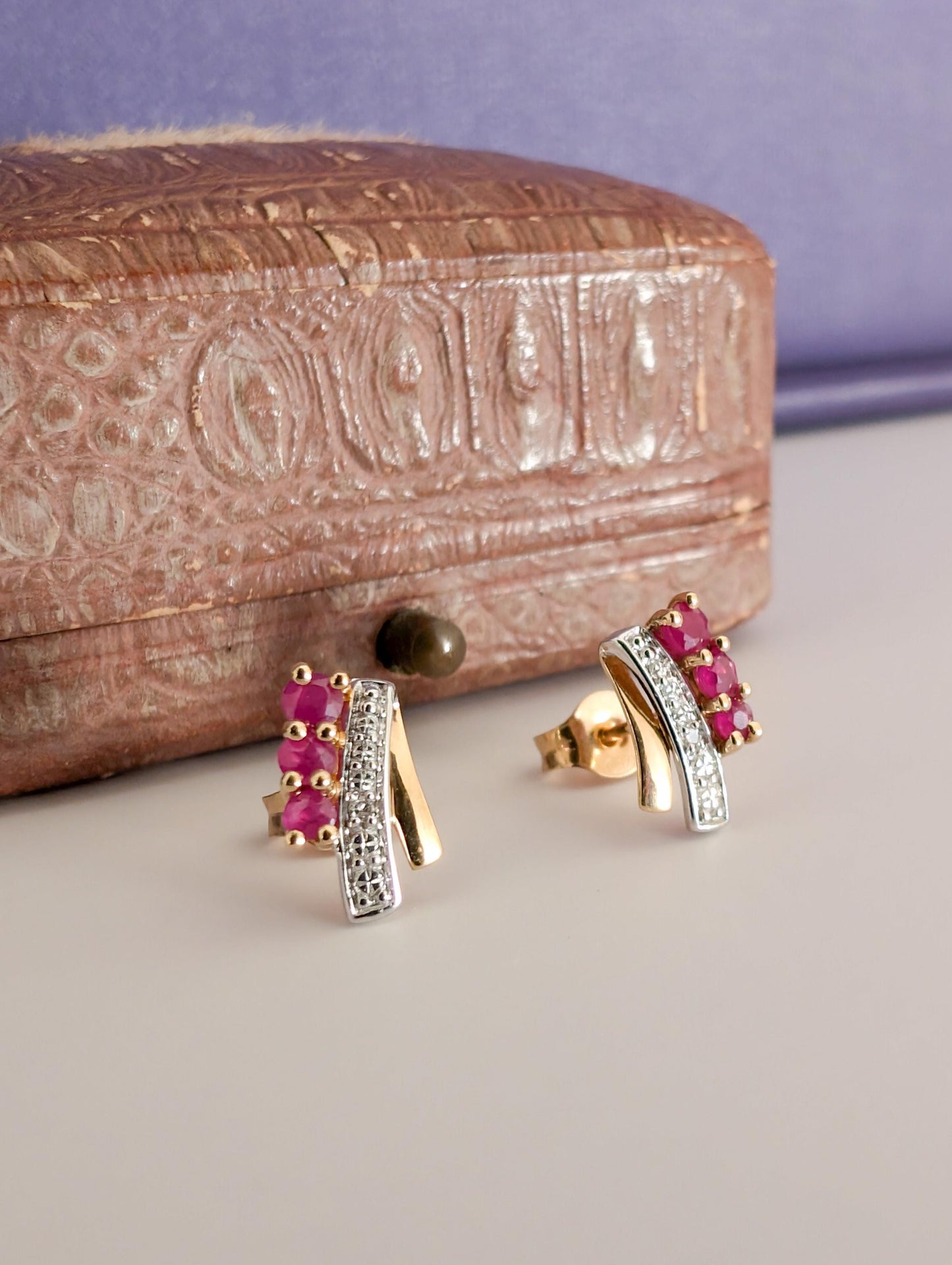 Vintage 18k Yellow Gold Ruby & Diamond Stud Earrings