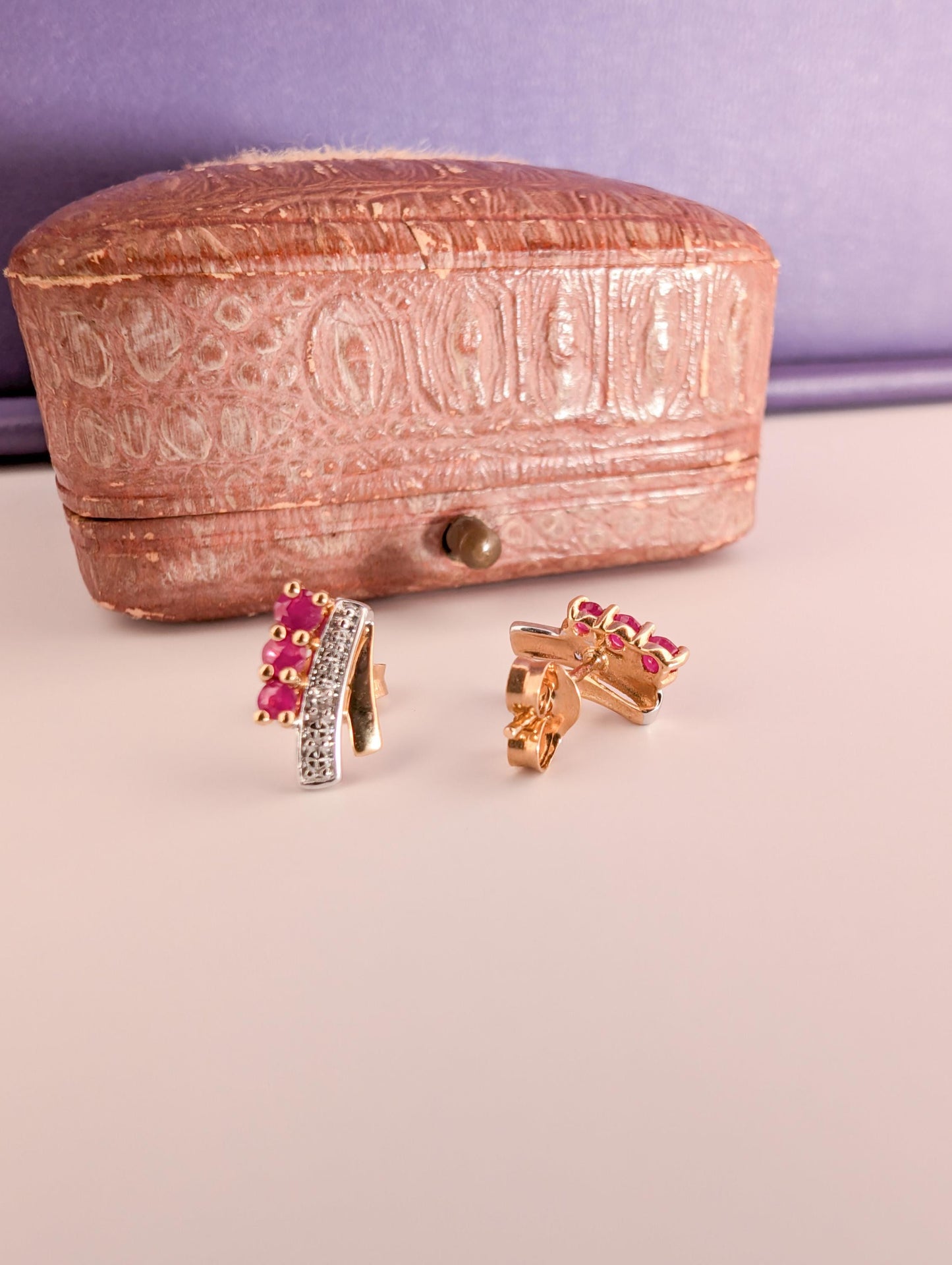 Vintage 18k Yellow Gold Ruby & Diamond Stud Earrings