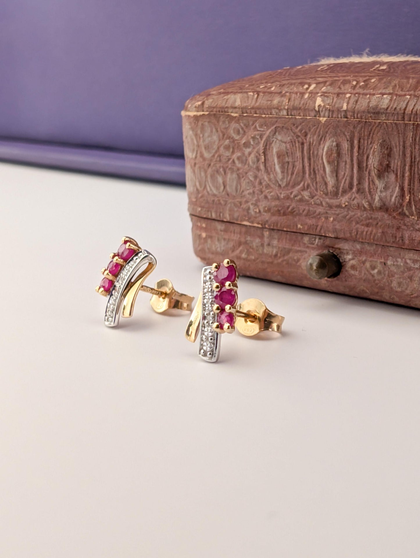 Vintage 18k Yellow Gold Ruby & Diamond Stud Earrings