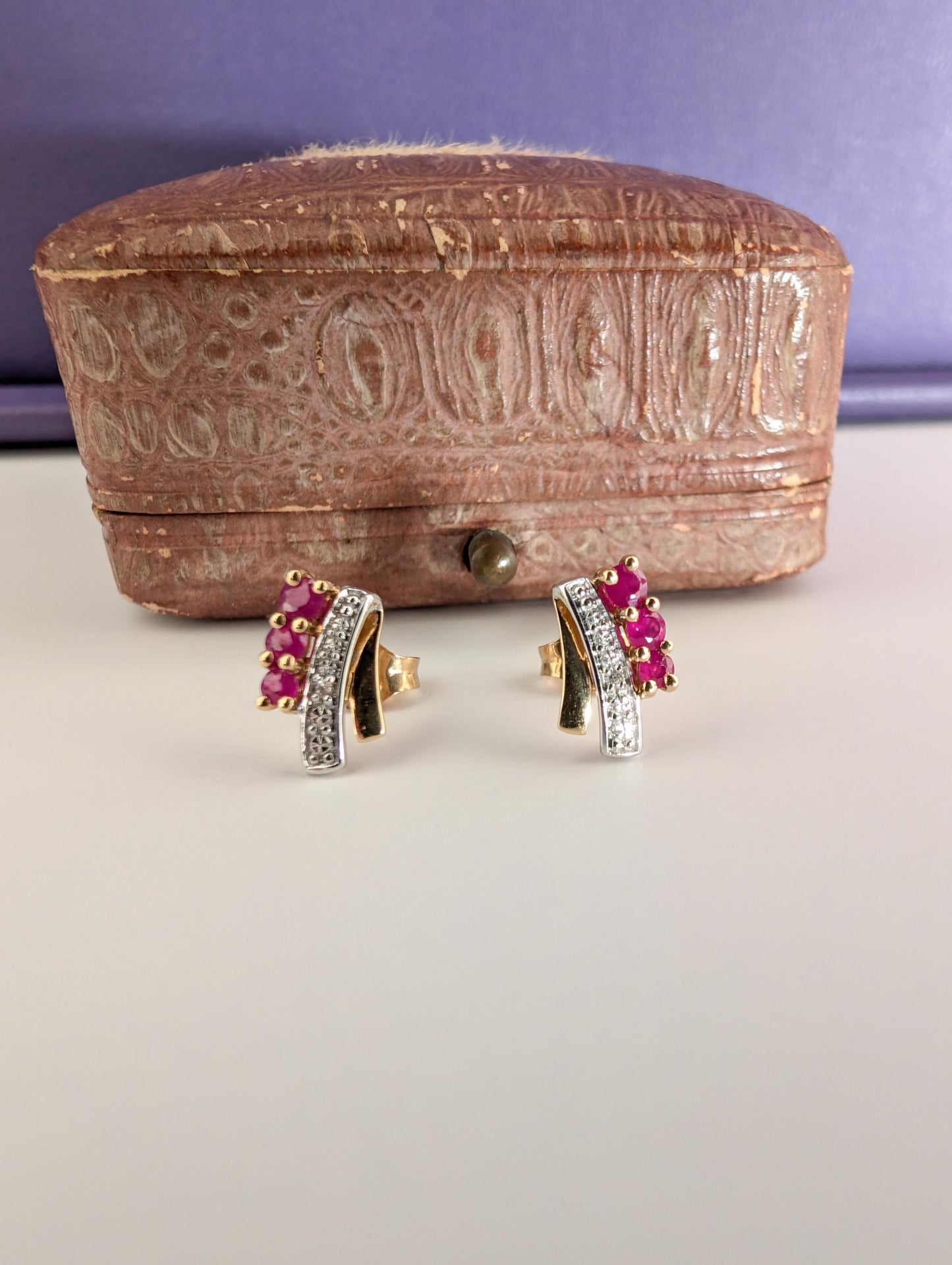 Vintage 18k Yellow Gold Ruby & Diamond Stud Earrings