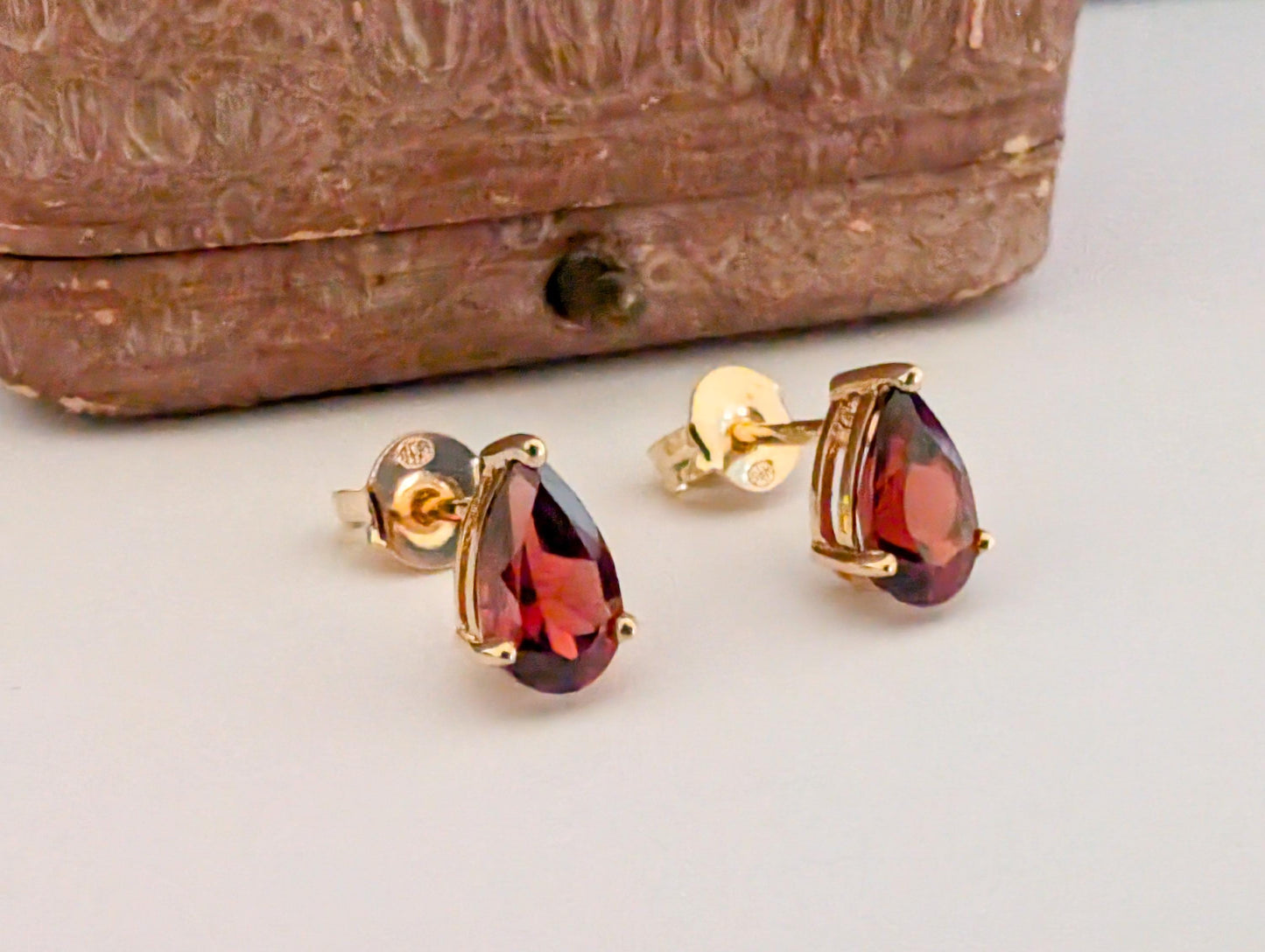 18k Gold Garnet Drop Earrings: Antique French Sleeper Studs