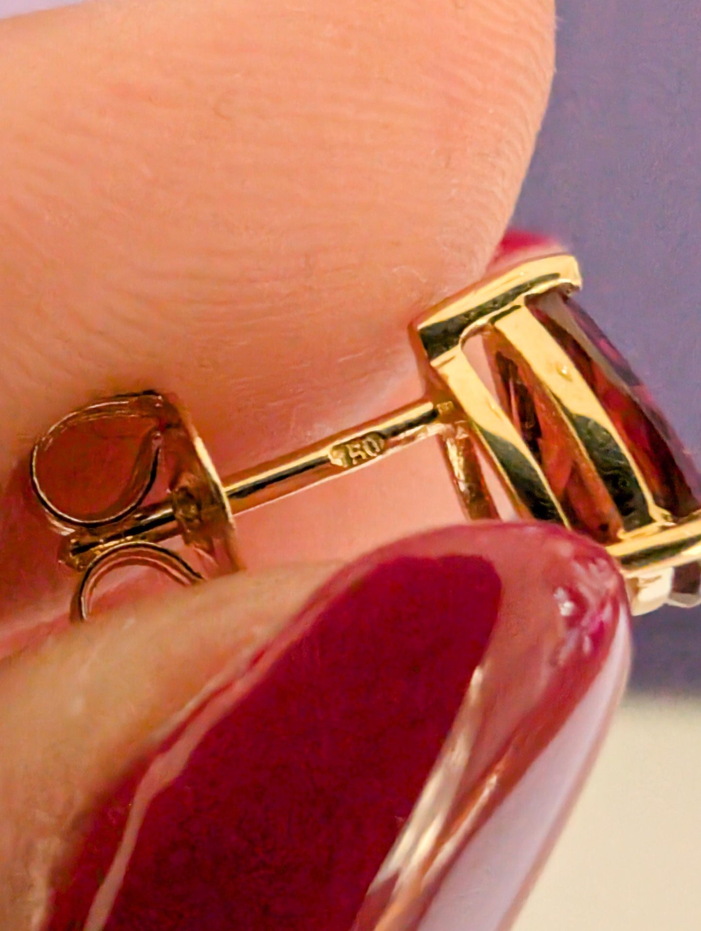 18k Gold Garnet Drop Earrings: Antique French Sleeper Studs