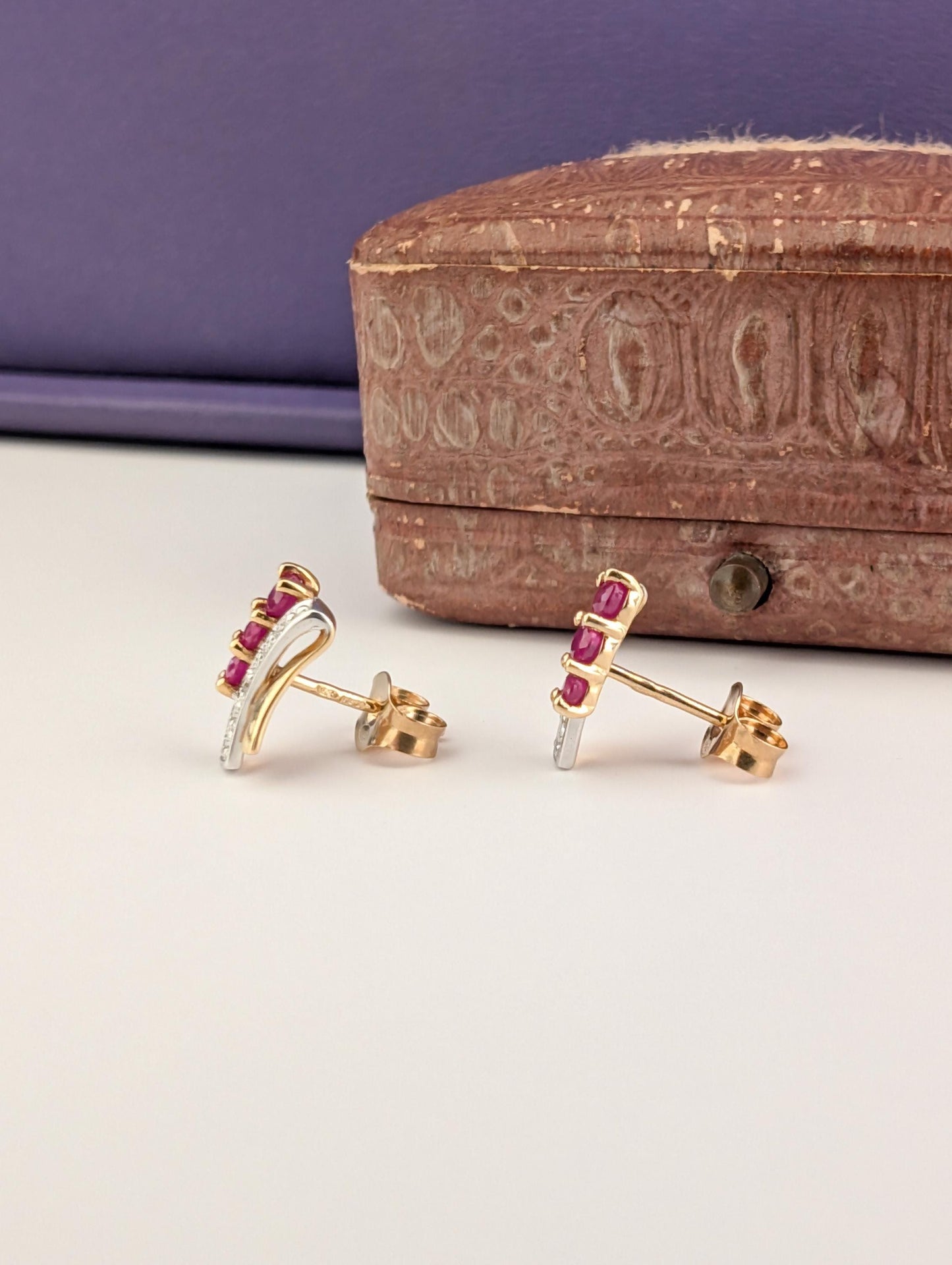 Vintage 18k Yellow Gold Ruby & Diamond Stud Earrings