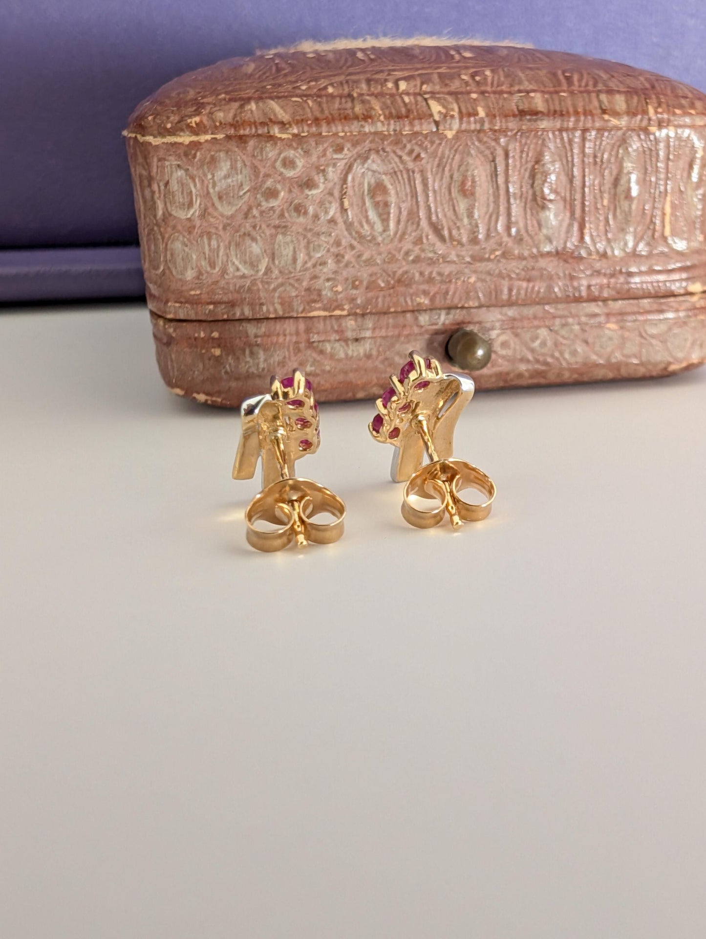 Vintage 18k Yellow Gold Ruby & Diamond Stud Earrings