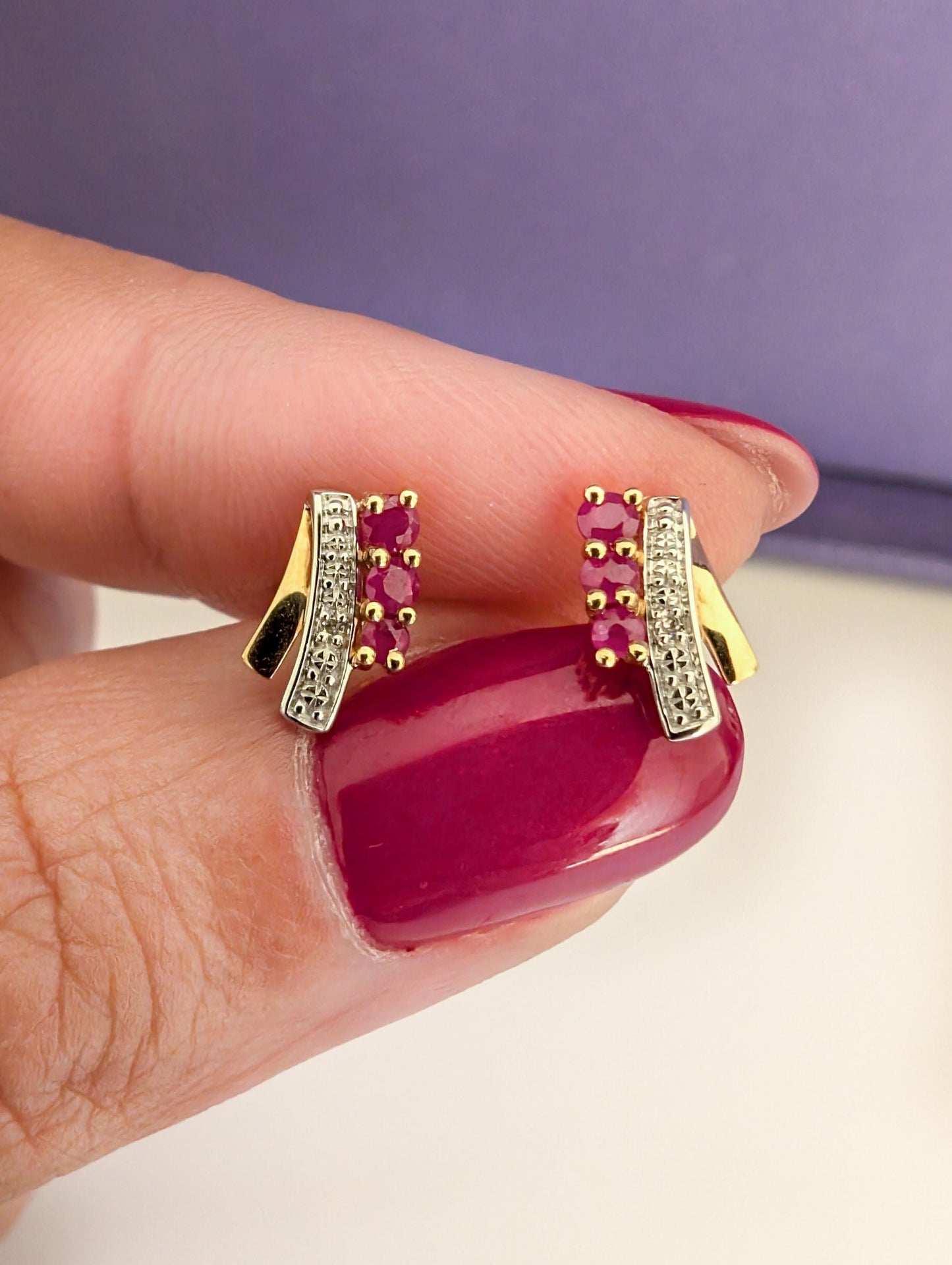 Vintage 18k Yellow Gold Ruby & Diamond Stud Earrings