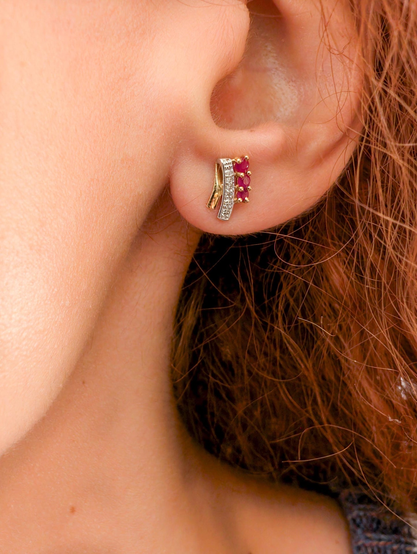 Vintage 18k Yellow Gold Ruby & Diamond Stud Earrings