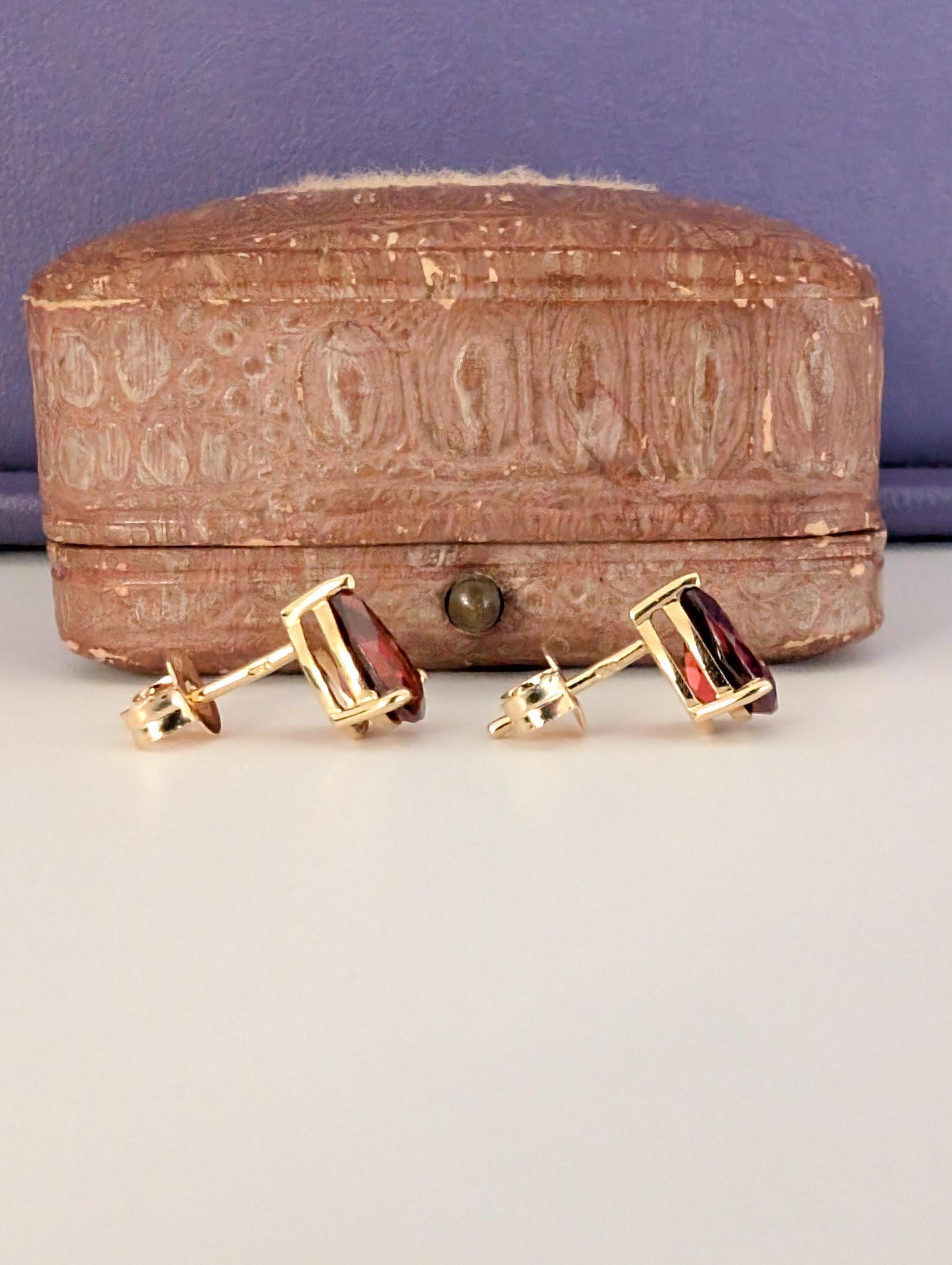 18k Gold Garnet Drop Earrings: Antique French Sleeper Studs