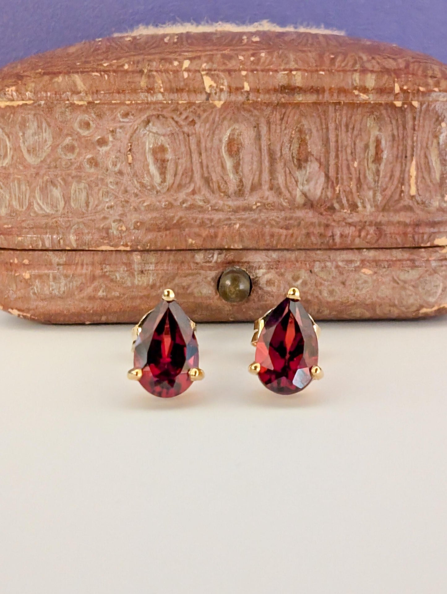 18k Gold Garnet Drop Earrings: Antique French Sleeper Studs