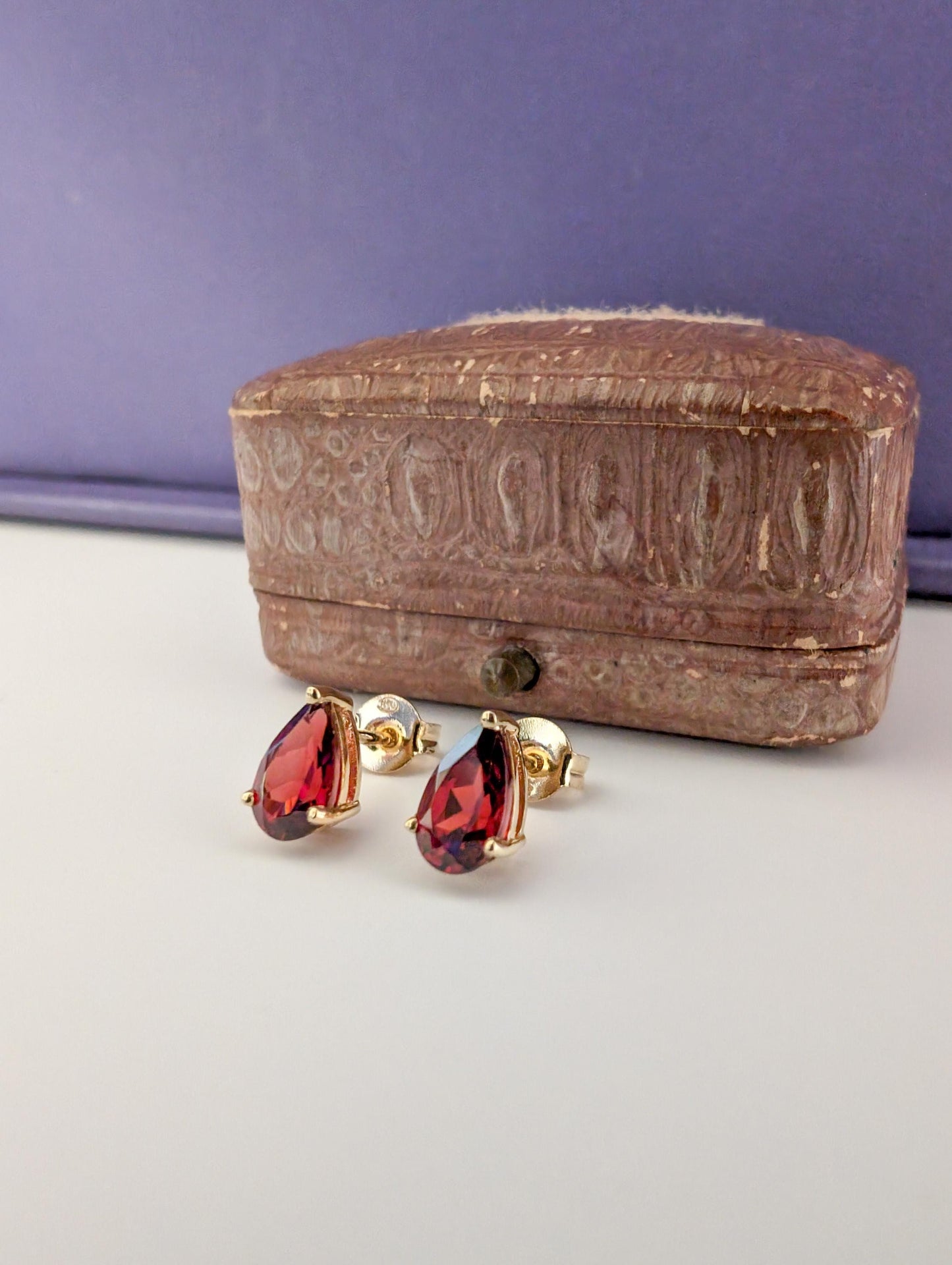 18k Gold Garnet Drop Earrings: Antique French Sleeper Studs