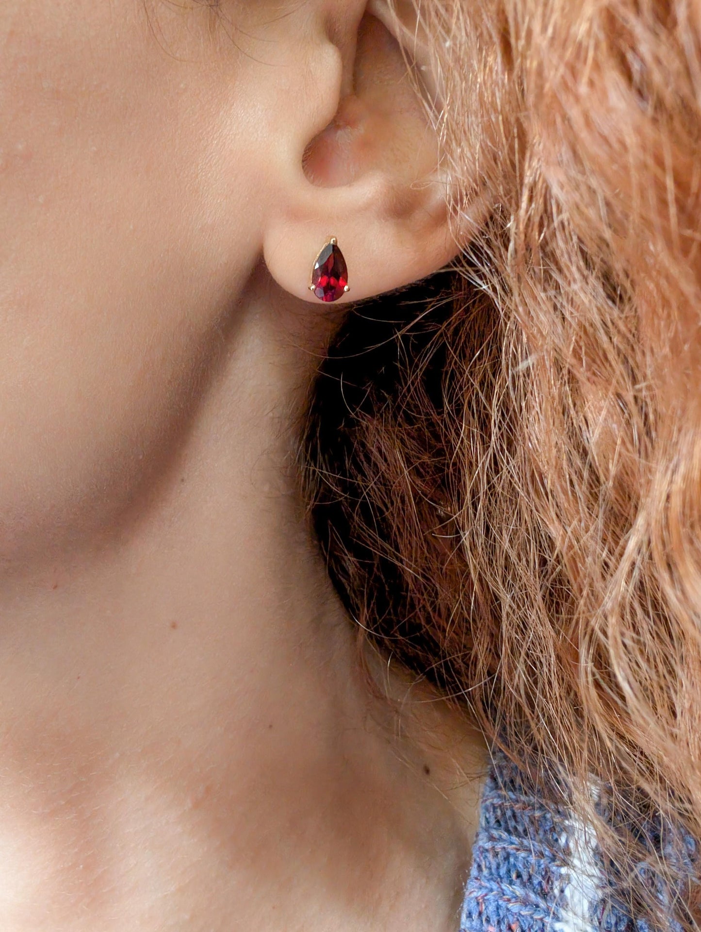 18k Gold Garnet Drop Earrings: Antique French Sleeper Studs