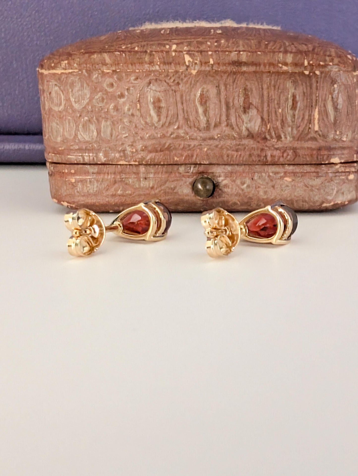 18k Gold Garnet Drop Earrings: Antique French Sleeper Studs