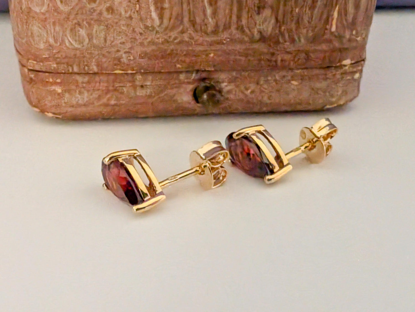 18k Gold Garnet Drop Earrings: Antique French Sleeper Studs