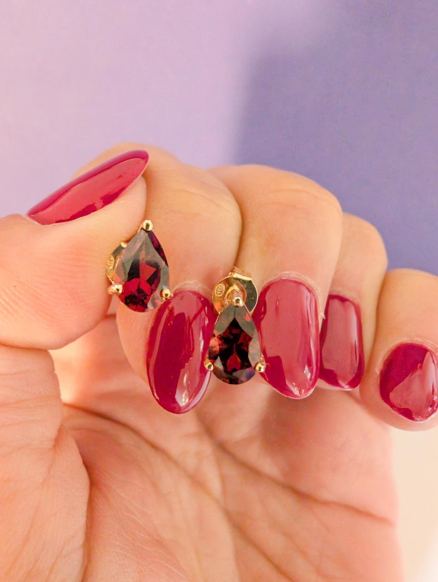 18k Gold Garnet Drop Earrings: Antique French Sleeper Studs