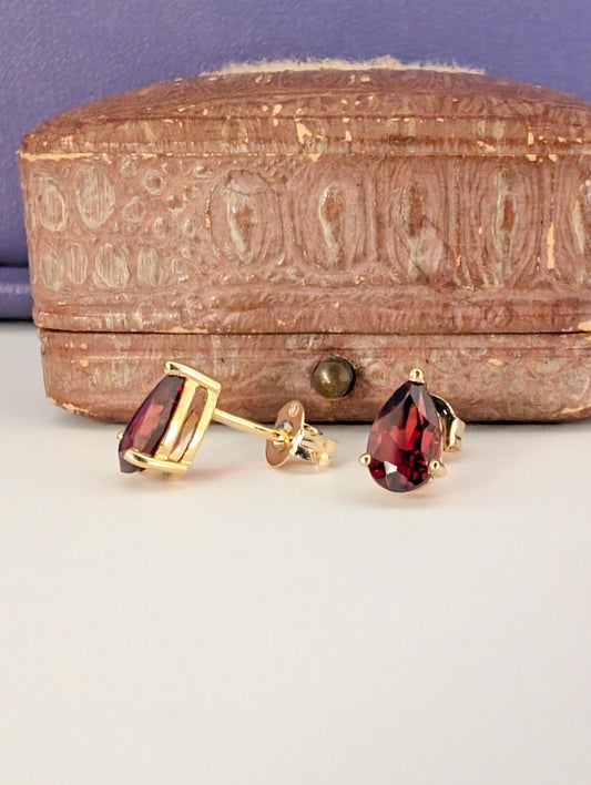 18k Gold Garnet Drop Earrings: Antique French Sleeper Studs