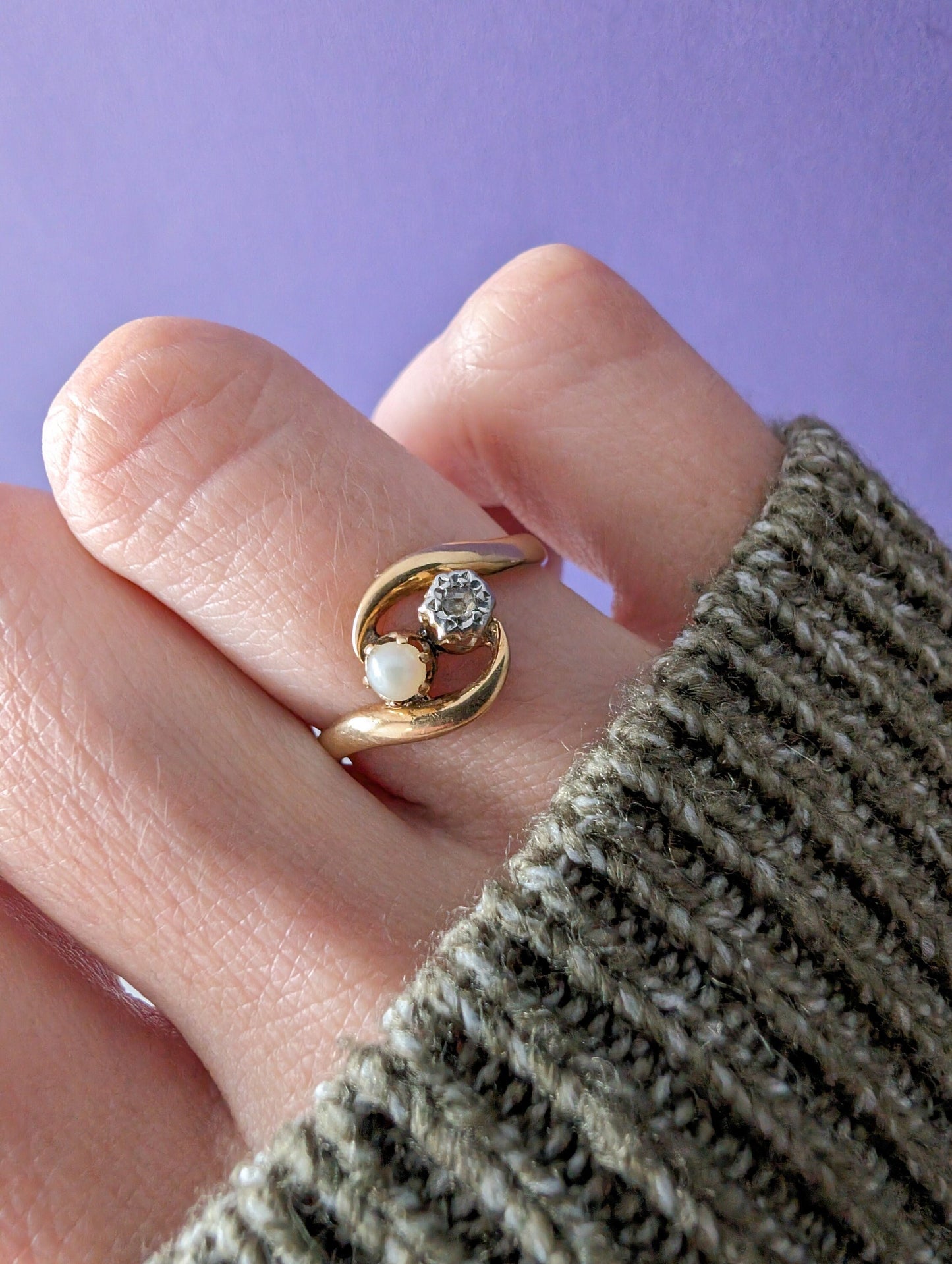 Antique Edwardian 18K Gold Diamond & Pearl Toi et Moi Ring