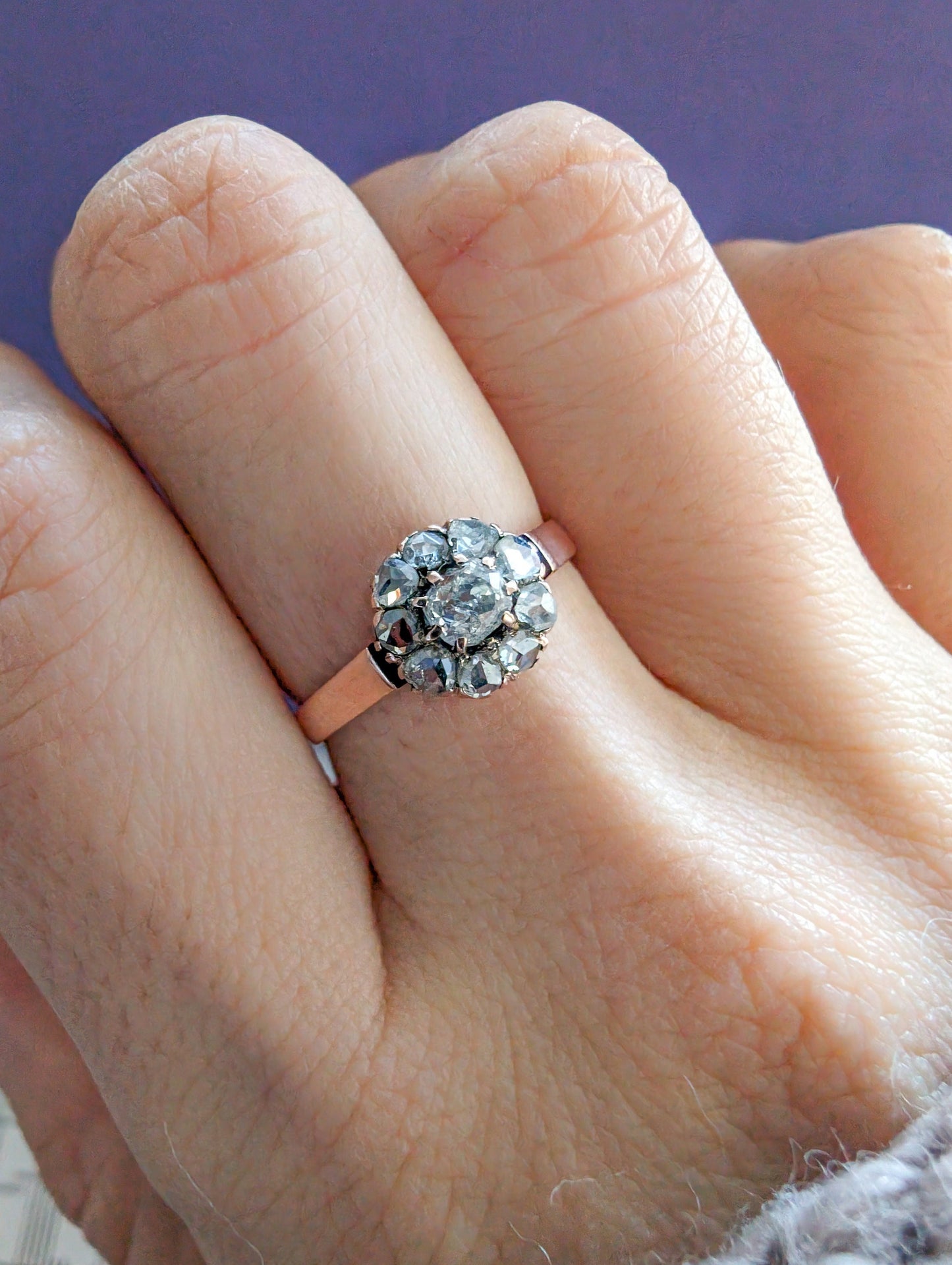 Antique Edwardian 18K Rose Gold Diamond Daisy Cluster Ring