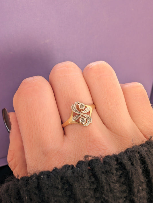 Antique French 14K Gold Diamond Ring: Art Nouveau Floral Design