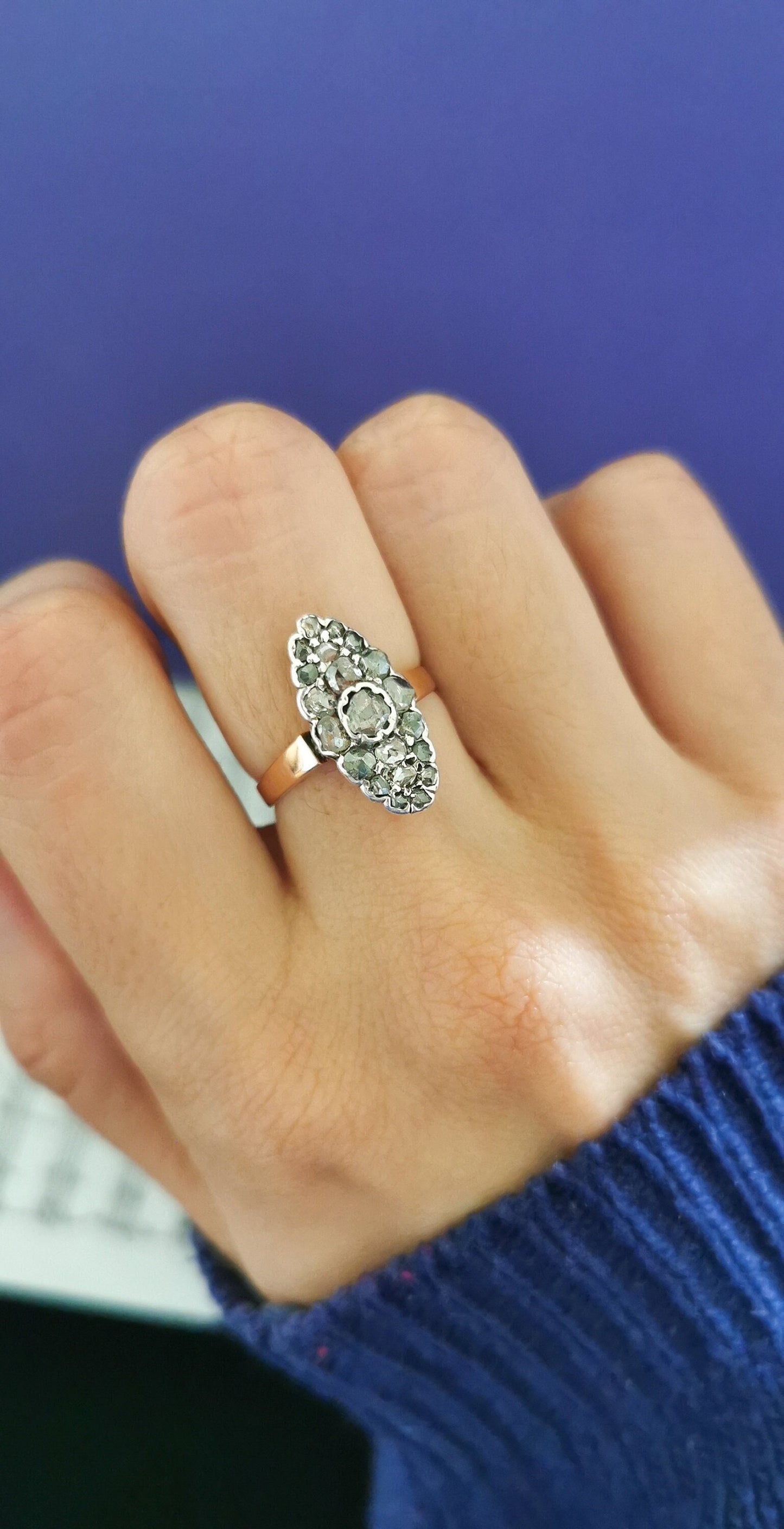 Edwardian Diamond Marquise Ring: 18k Two-Tone Gold Antique Engagement Ring