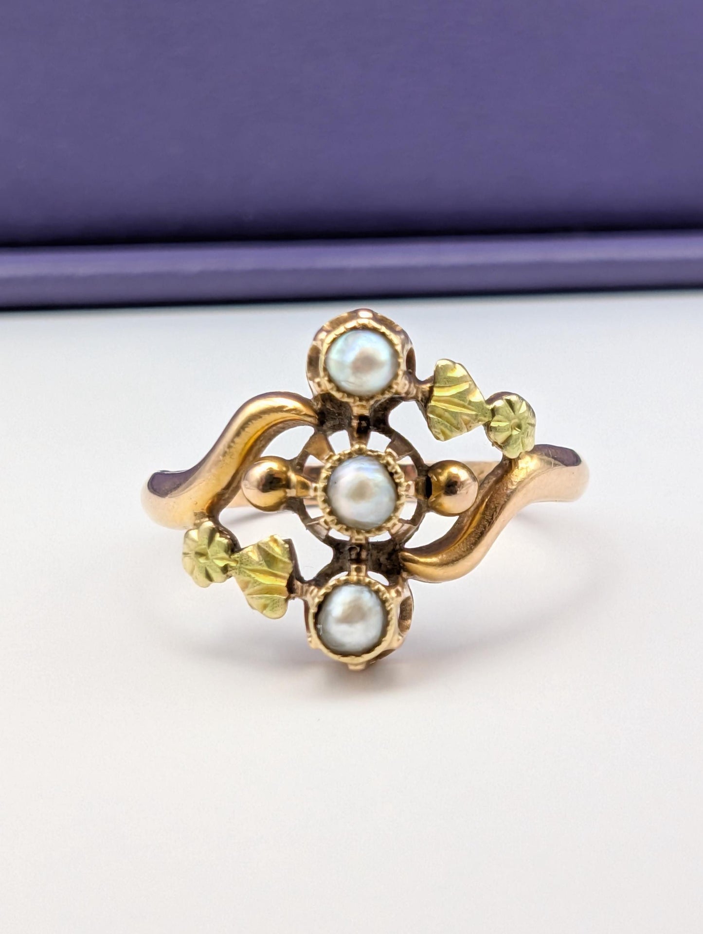 18K Gold Art Nouveau Pearl Ring - Antique French Design