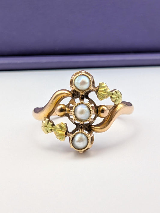 18K Gold Art Nouveau Pearl Ring - Antique French Design