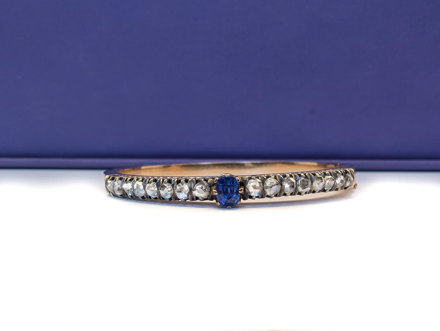 Antique 18K Rose Gold Diamond Bangle: French Victorian Sapphire Bracelet