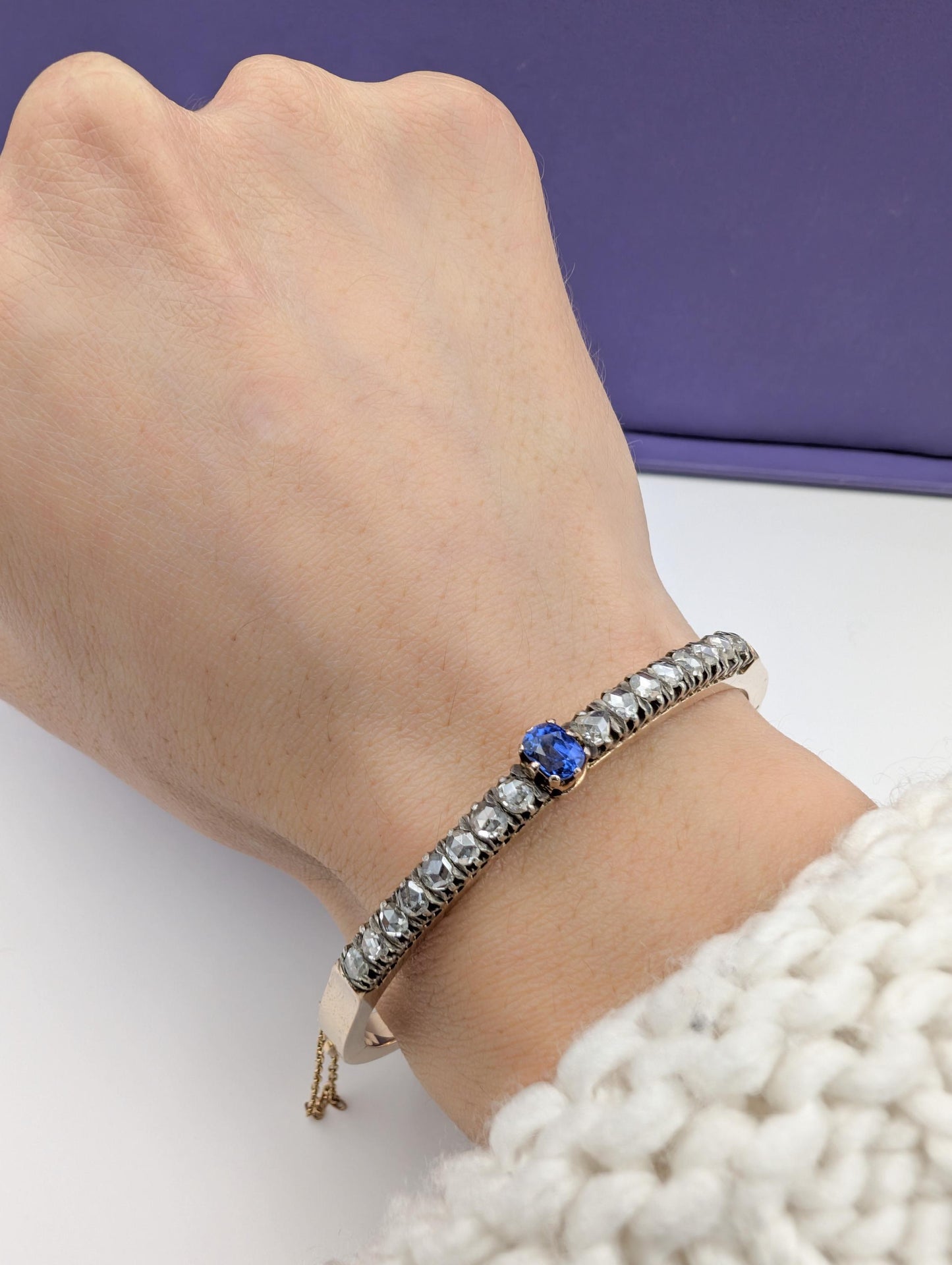 Antique 18K Rose Gold Diamond Bangle: French Victorian Sapphire Bracelet