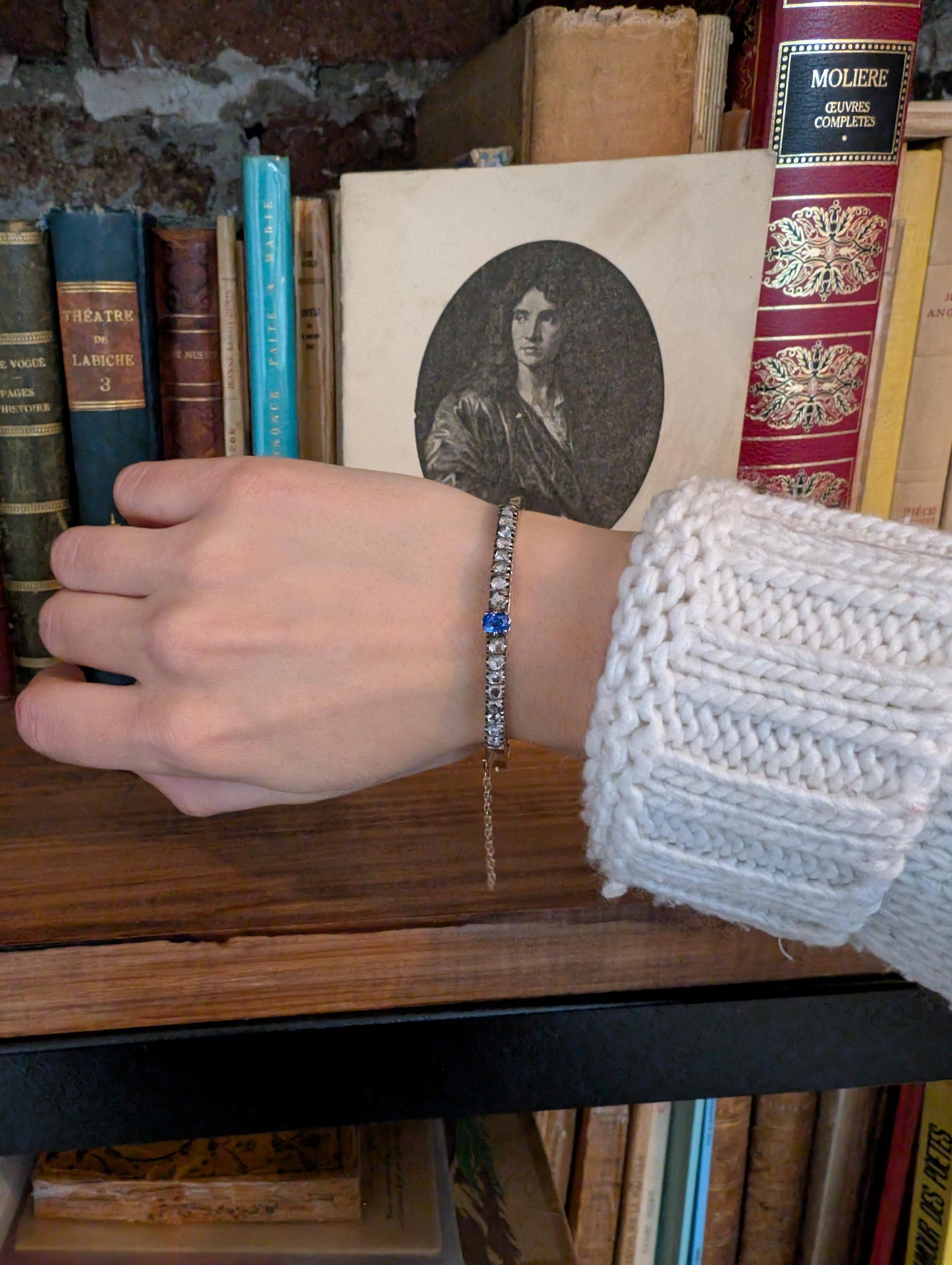 Antique 18K Rose Gold Diamond Bangle: French Victorian Sapphire Bracelet