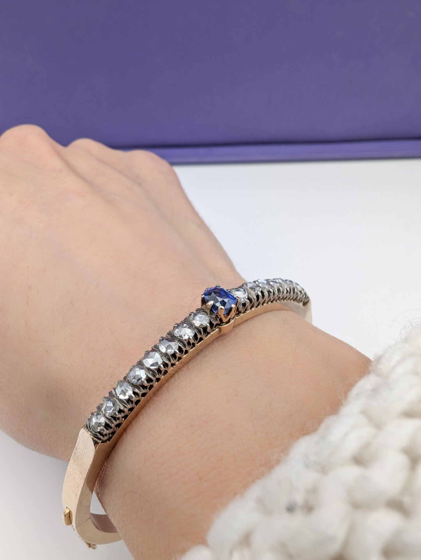 Antique 18K Rose Gold Diamond Bangle: French Victorian Sapphire Bracelet