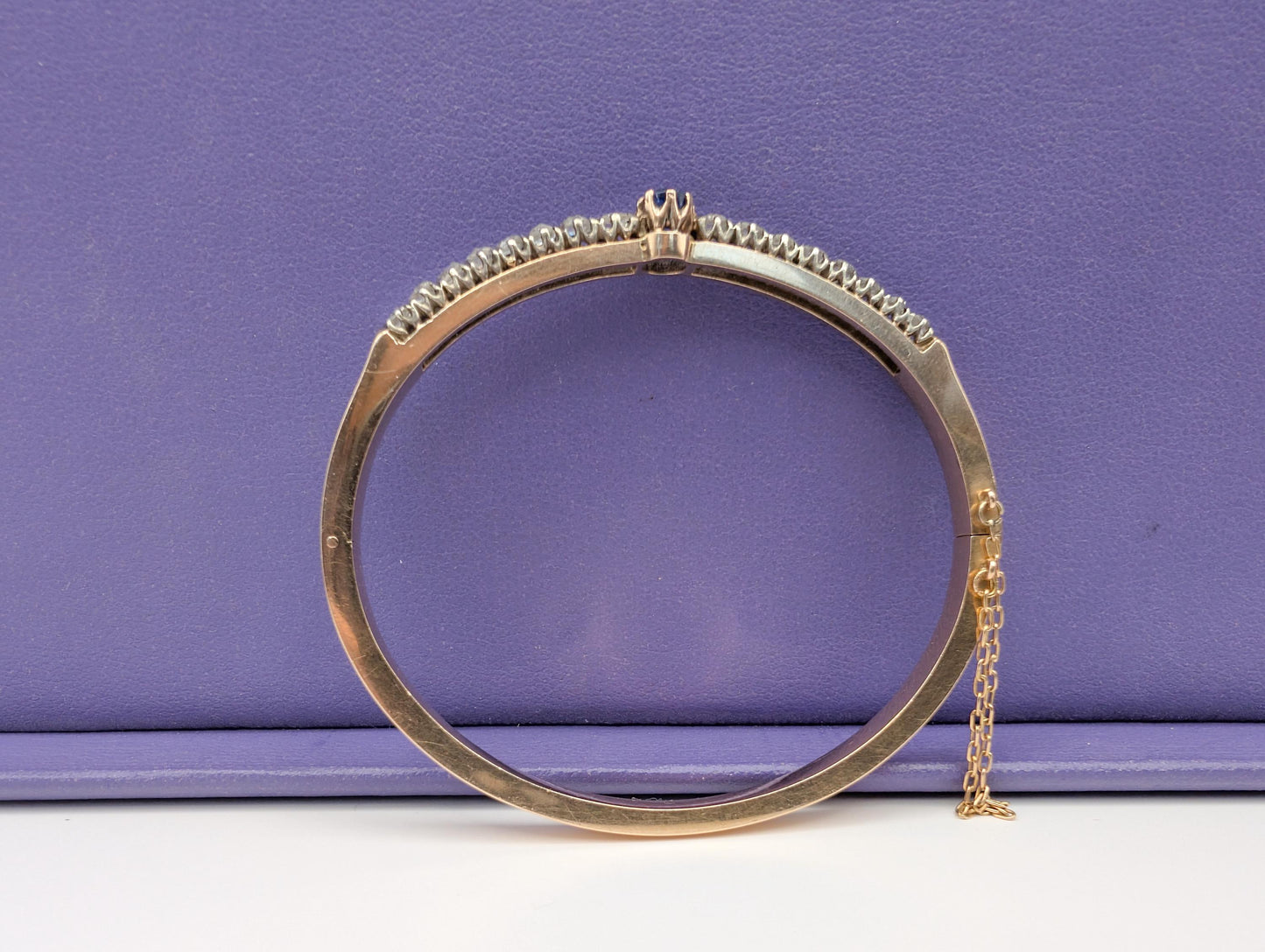 Antique 18K Rose Gold Diamond Bangle: French Victorian Sapphire Bracelet
