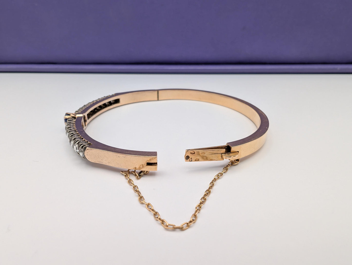Antique 18K Rose Gold Diamond Bangle: French Victorian Sapphire Bracelet