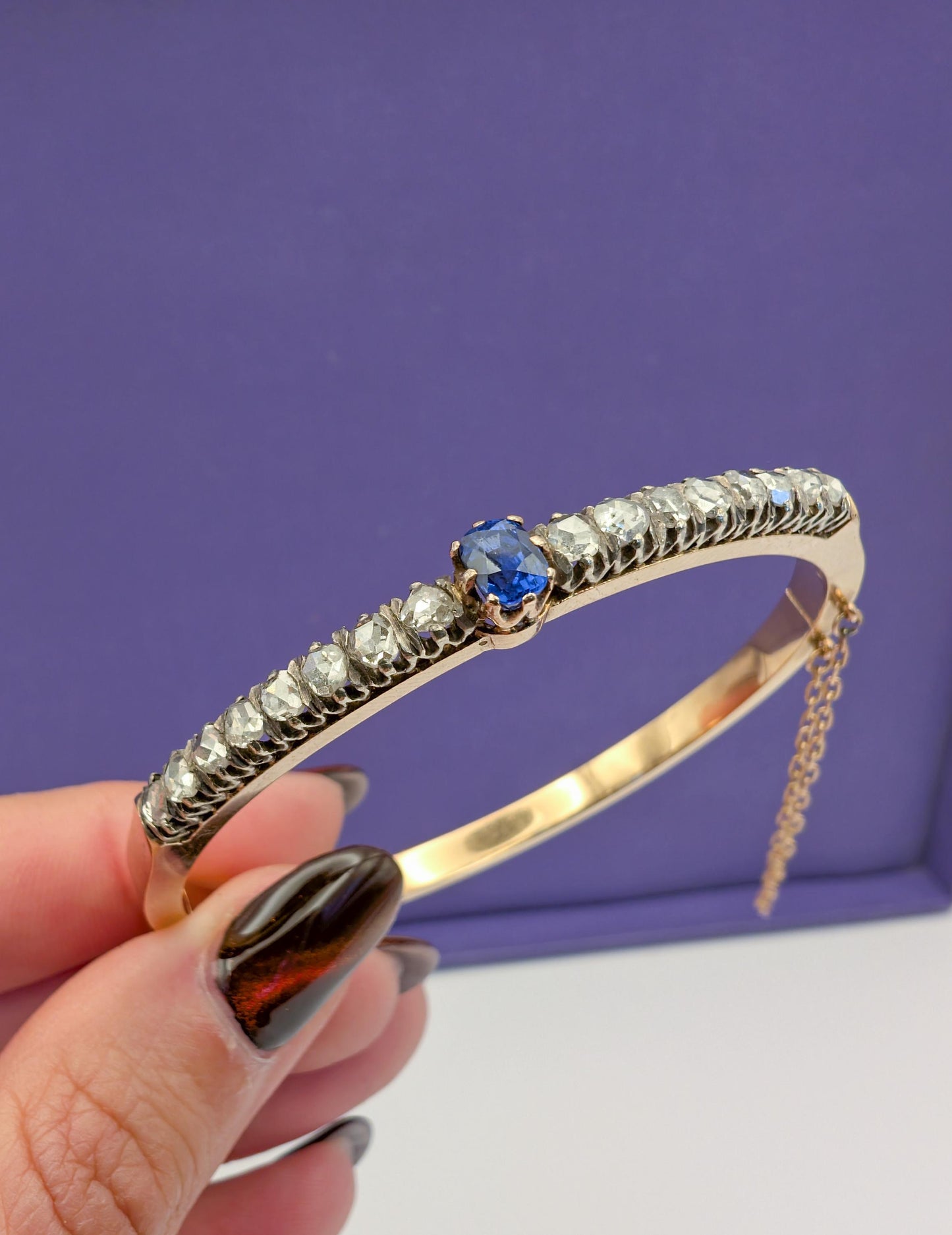 Antique 18K Rose Gold Diamond Bangle: French Victorian Sapphire Bracelet