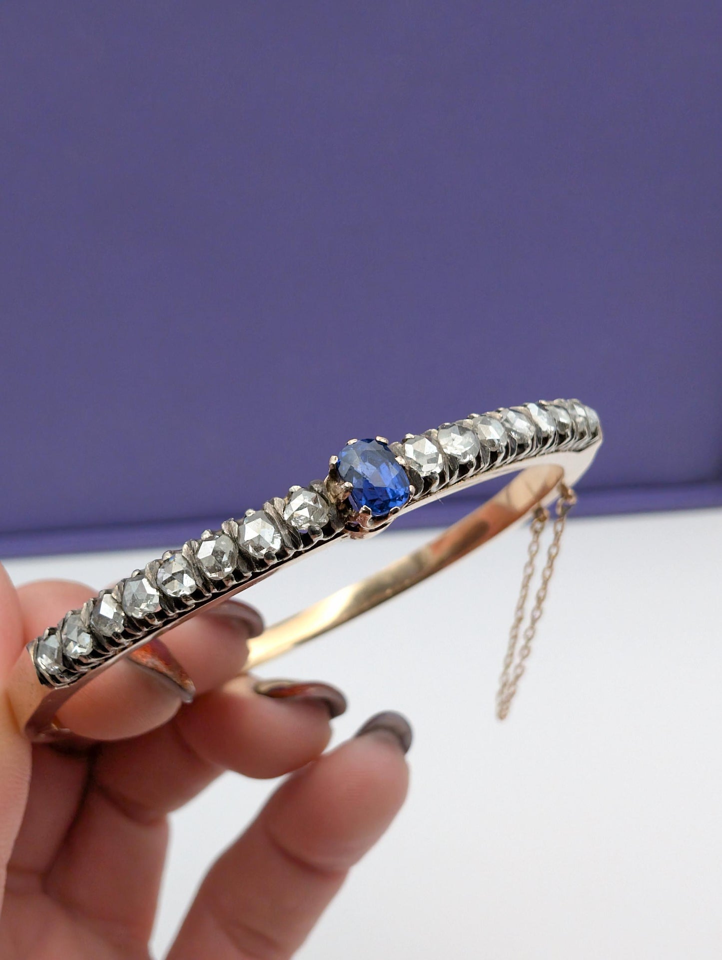 Antique 18K Rose Gold Diamond Bangle: French Victorian Sapphire Bracelet