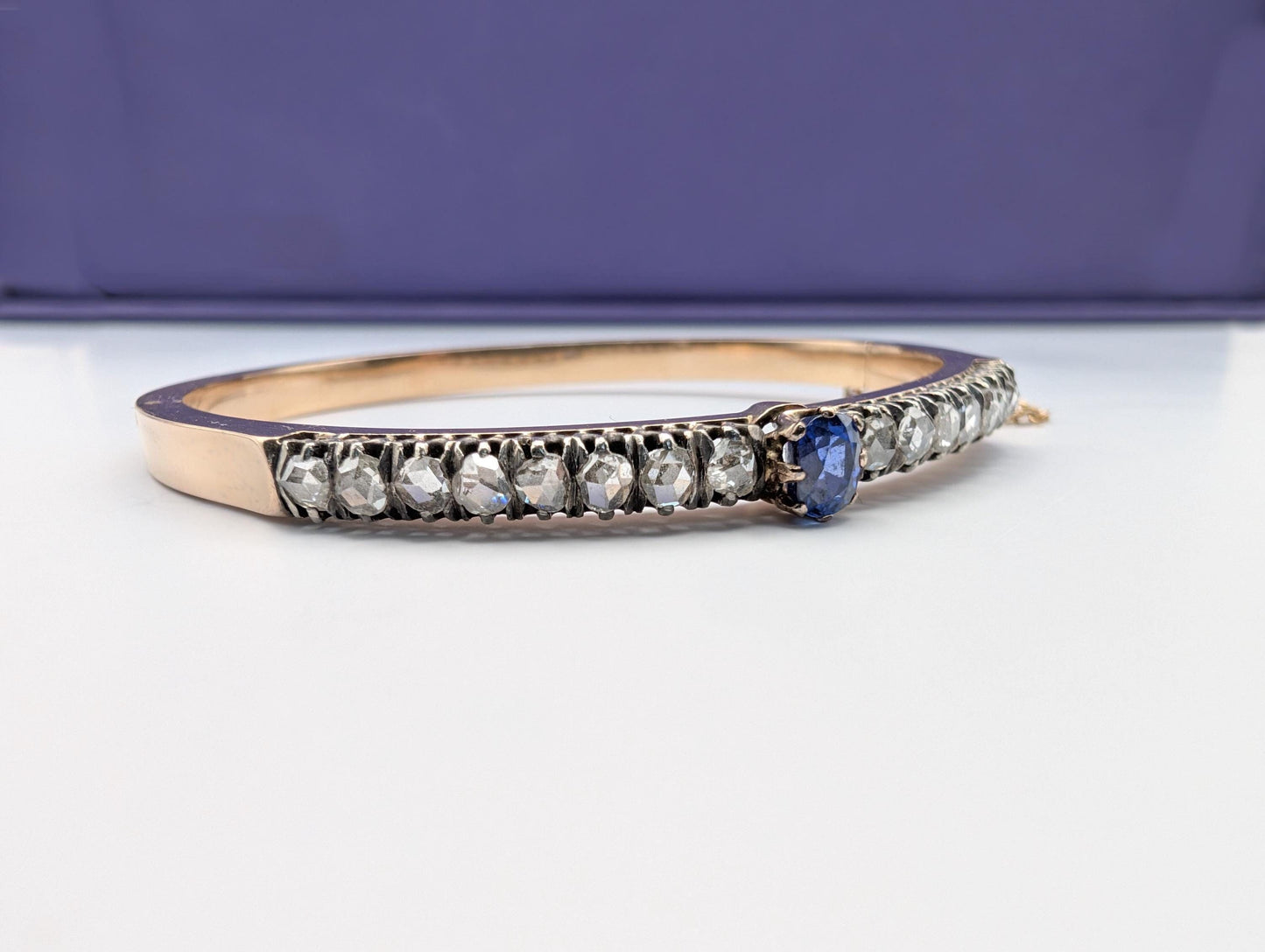 Antique 18K Rose Gold Diamond Bangle: French Victorian Sapphire Bracelet