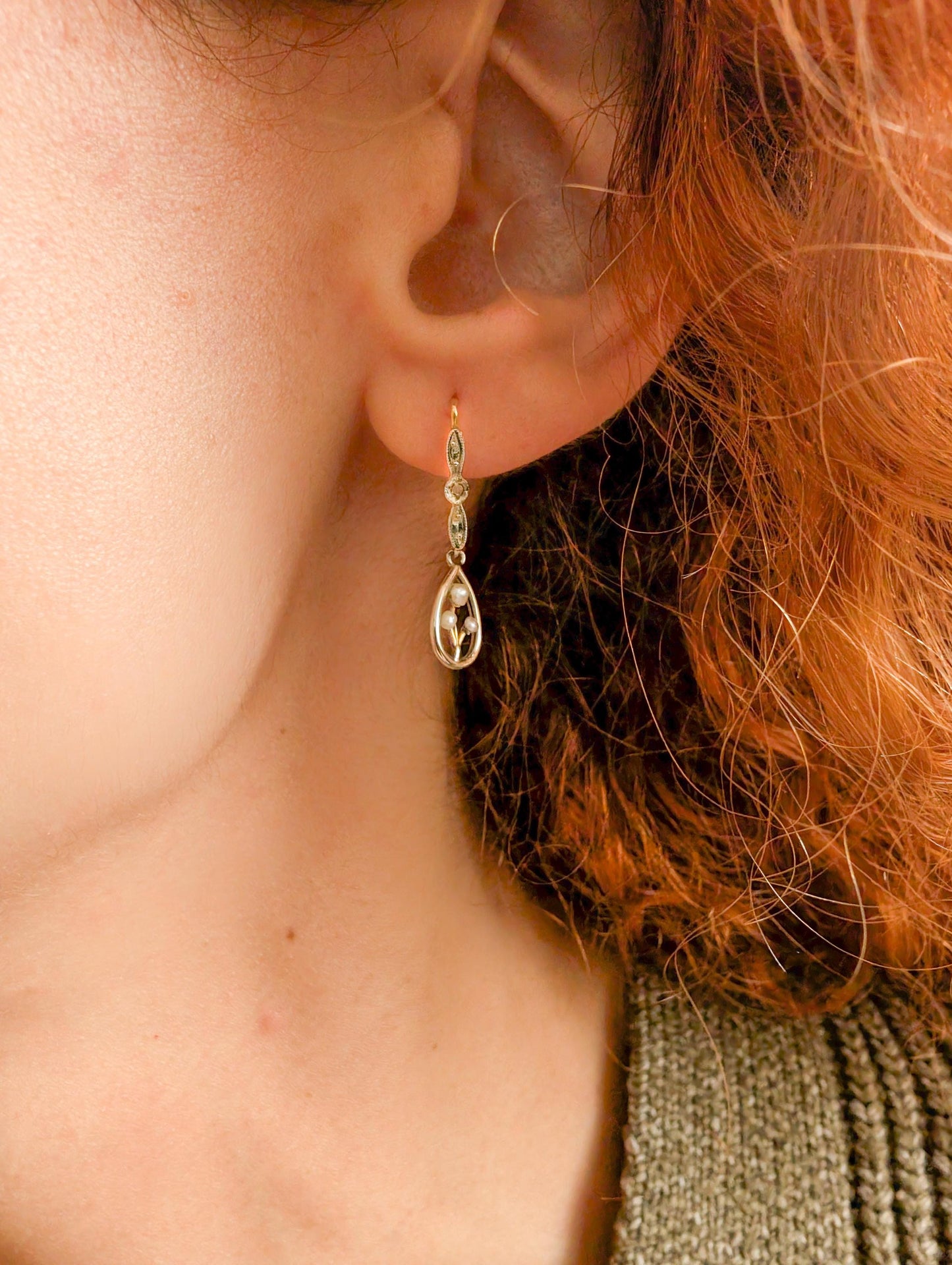 18K Gold Art Nouveau Pearl Dangle Earrings: Antique Diamond Jewelry