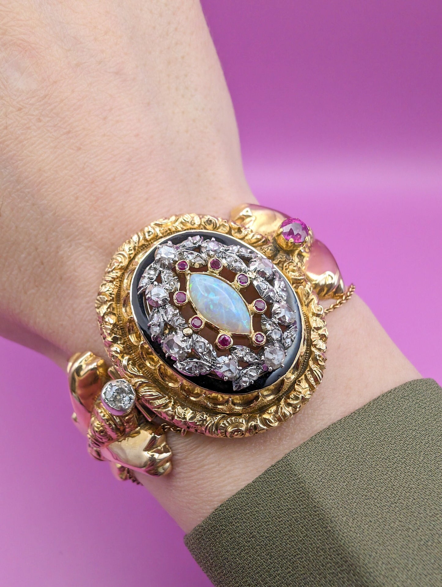 Antique 18K Gold Diamond Opal Ruby Bangle Bracelet: Victorian Napoleon III Era