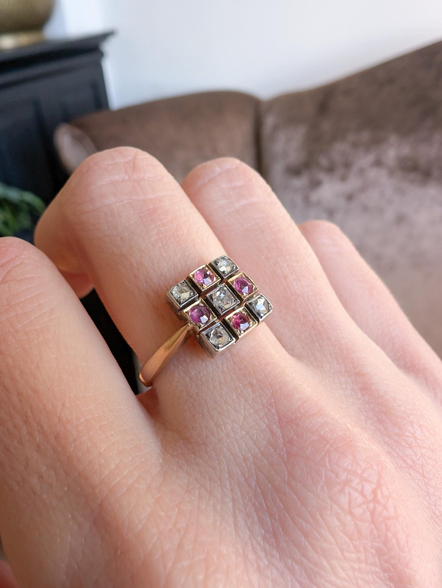 18K Gold Art Deco Ring: Diamond & Garnet Engagement Ring
