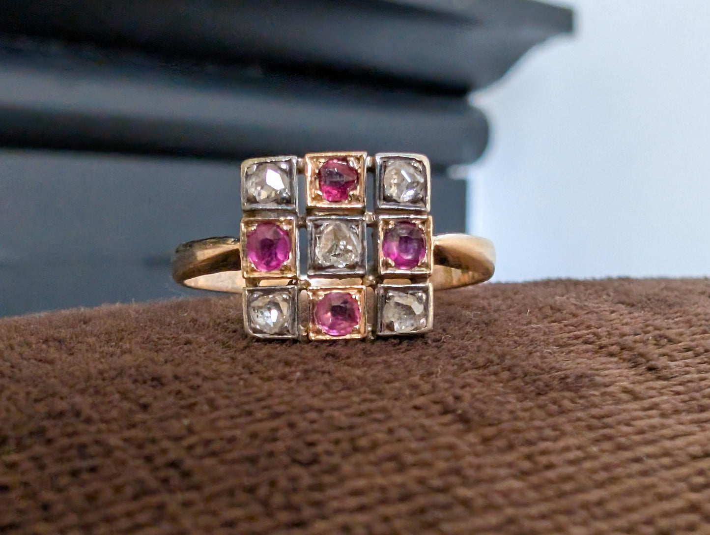18K Gold Art Deco Ring: Diamond & Garnet Engagement Ring